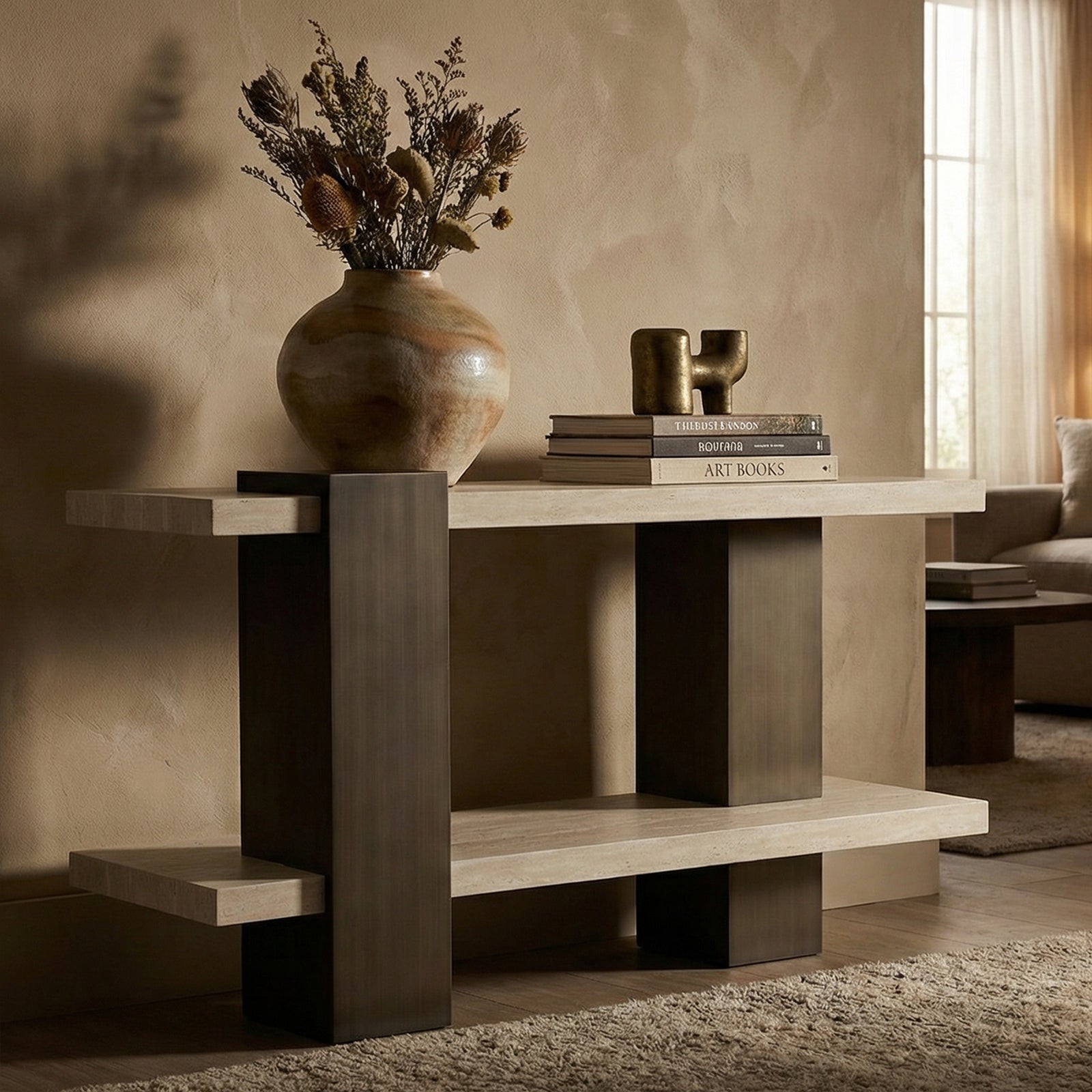 Gold Console Table — 2-Tier White Oak & Gold Metal Legs