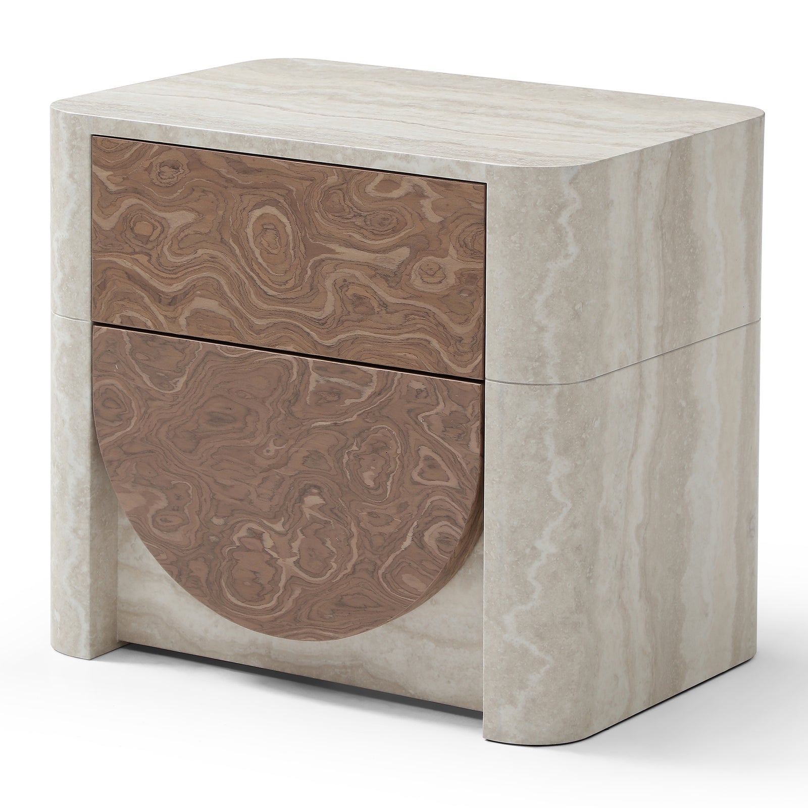 Elira Scalloped Travertine & Walnut Nightstand
