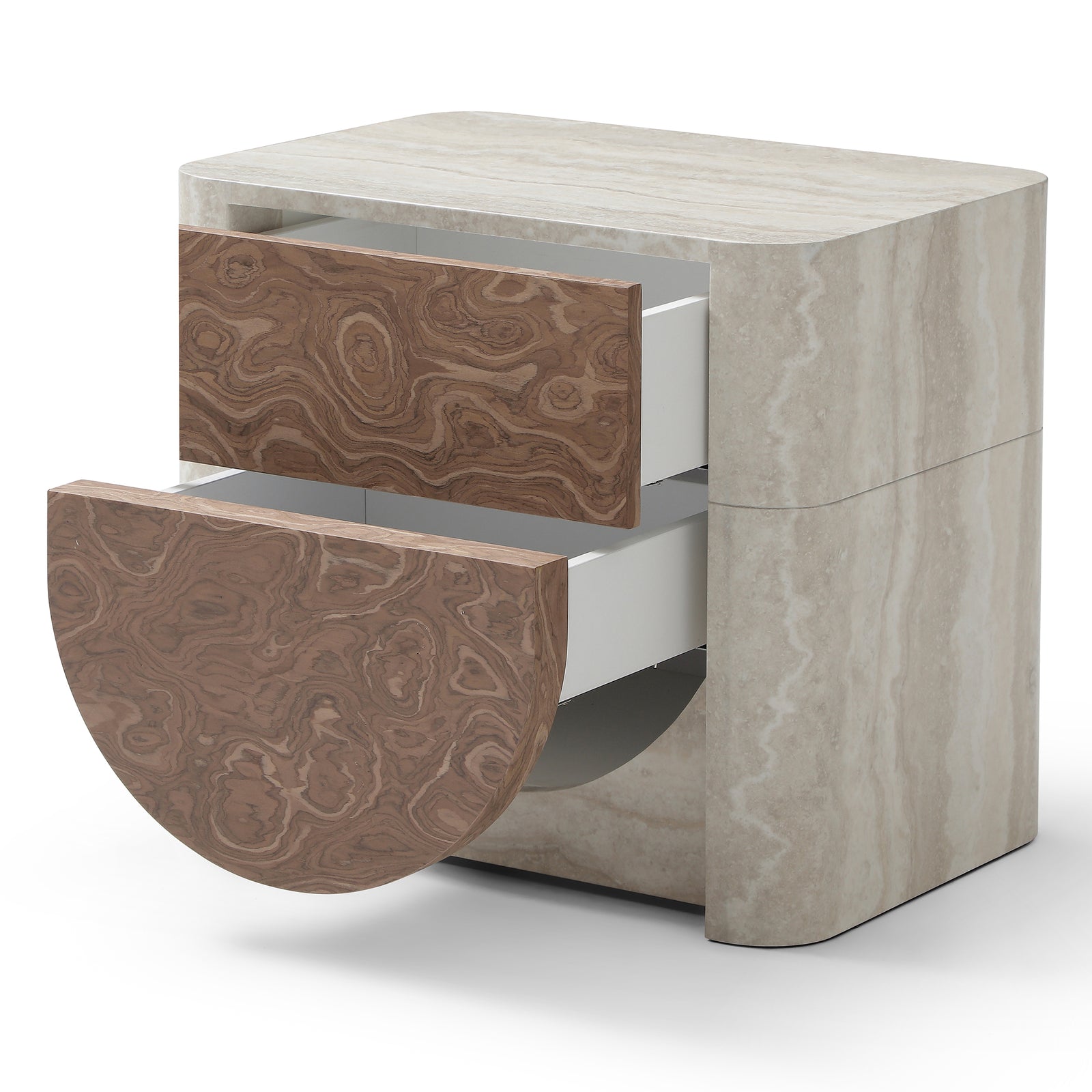 Elira Scalloped Travertine & Walnut Nightstand