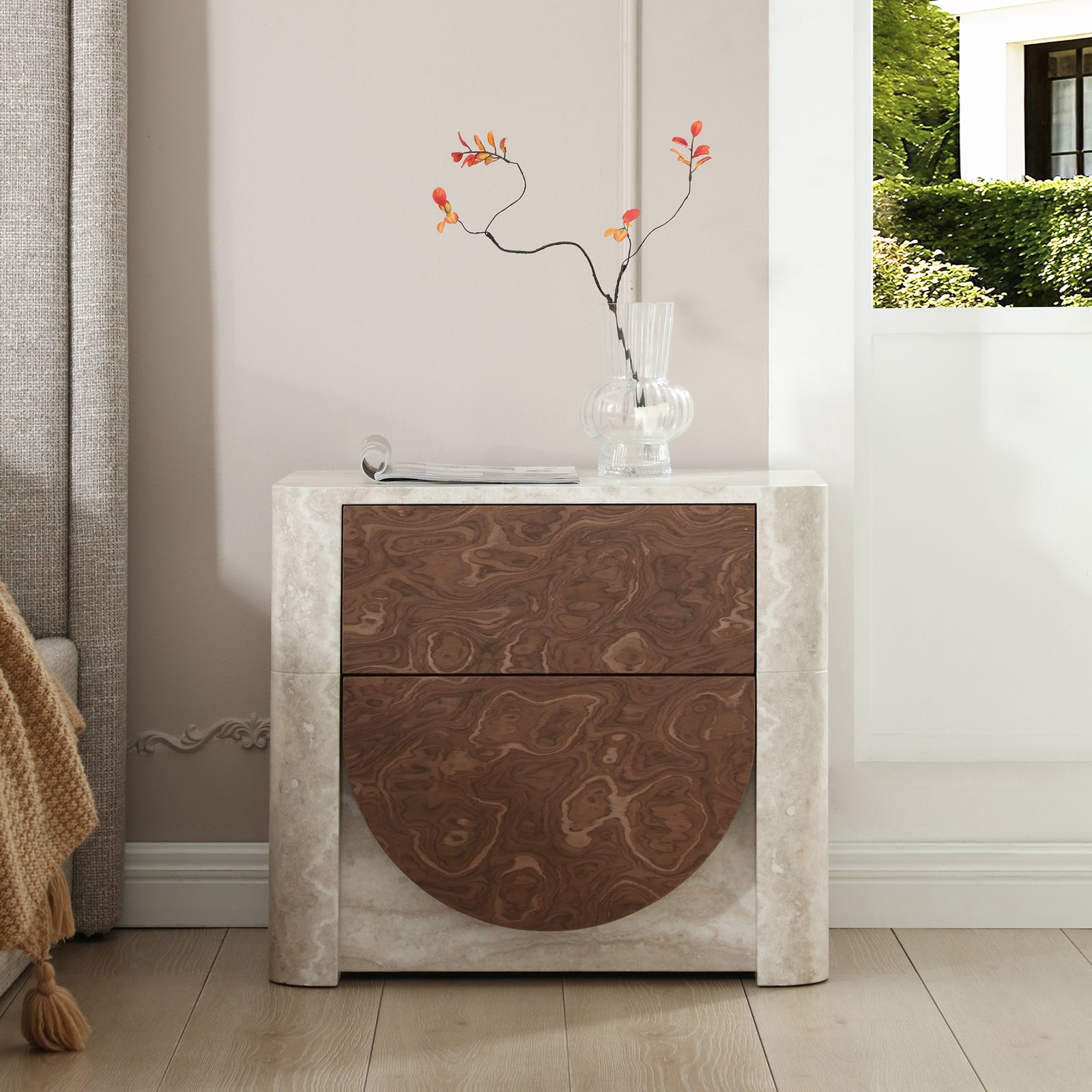 Elira Scalloped Travertine & Walnut Nightstand