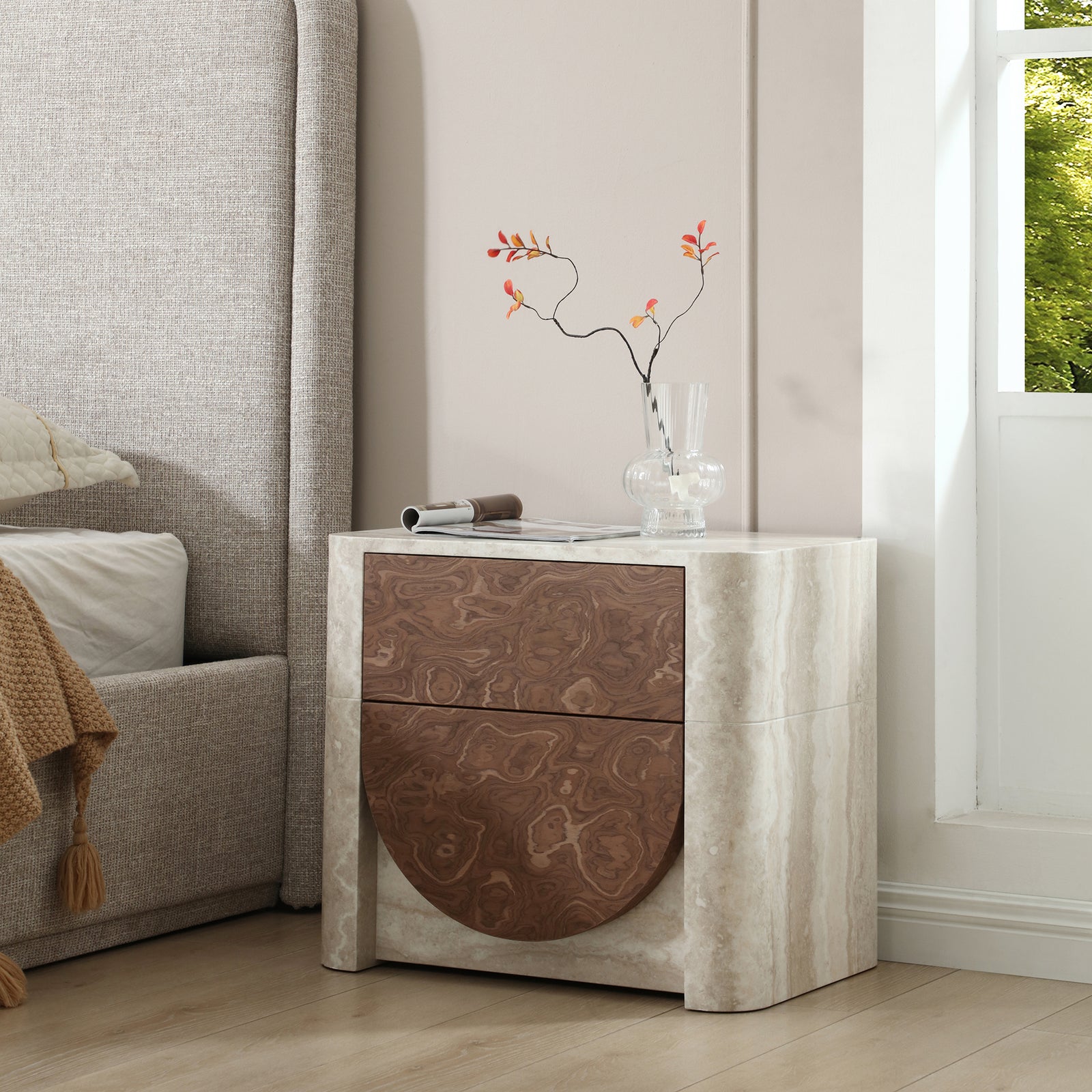 Elira Scalloped Travertine & Walnut Nightstand