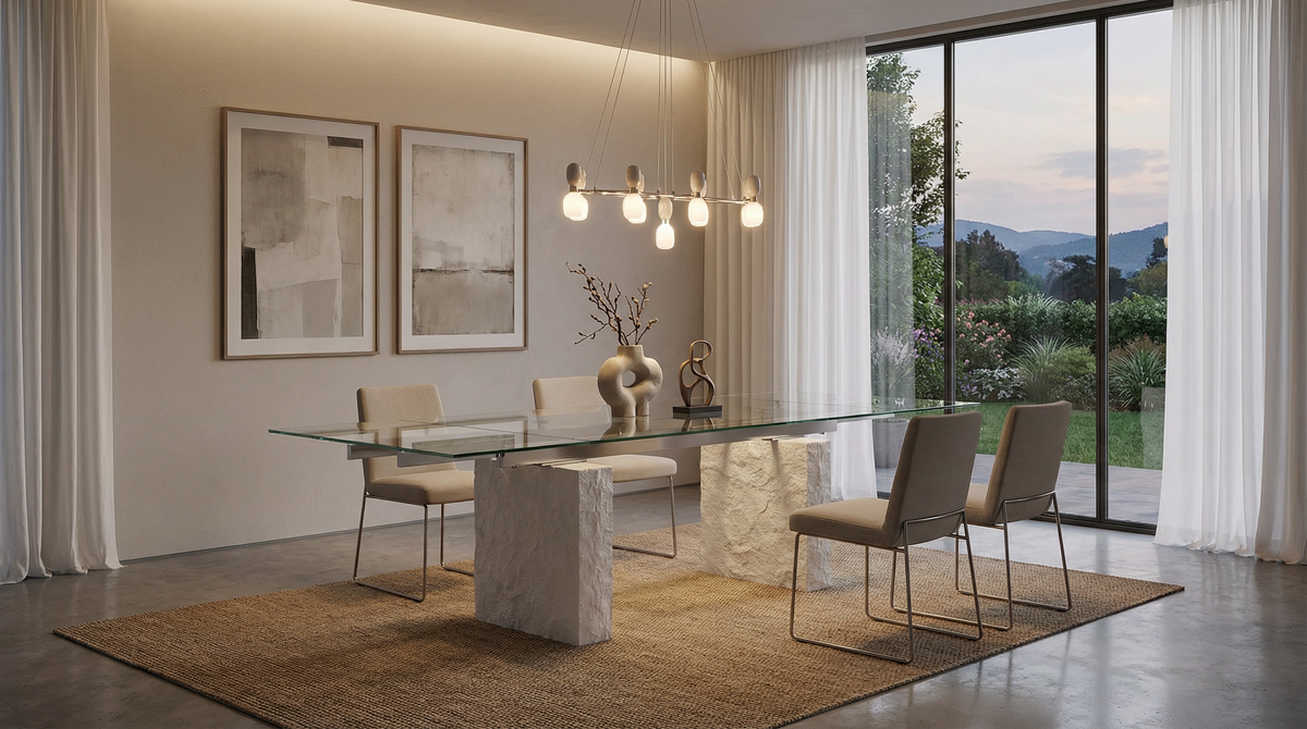 Rectangular Glass Dining Table, 118" — White Concrete-Look Legs
