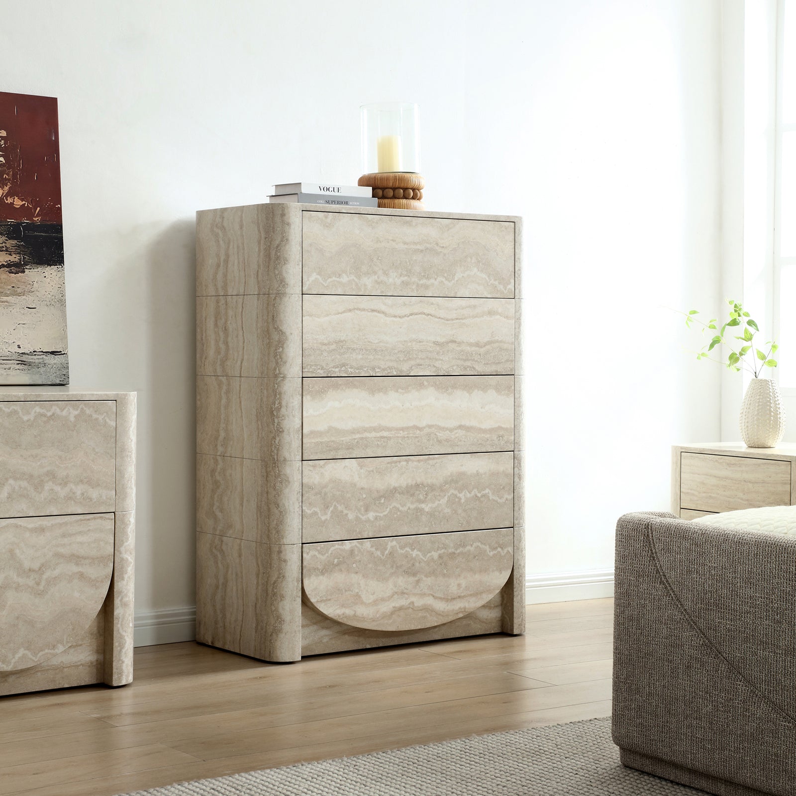 Elovane Scalloped Travertine Tall Chest