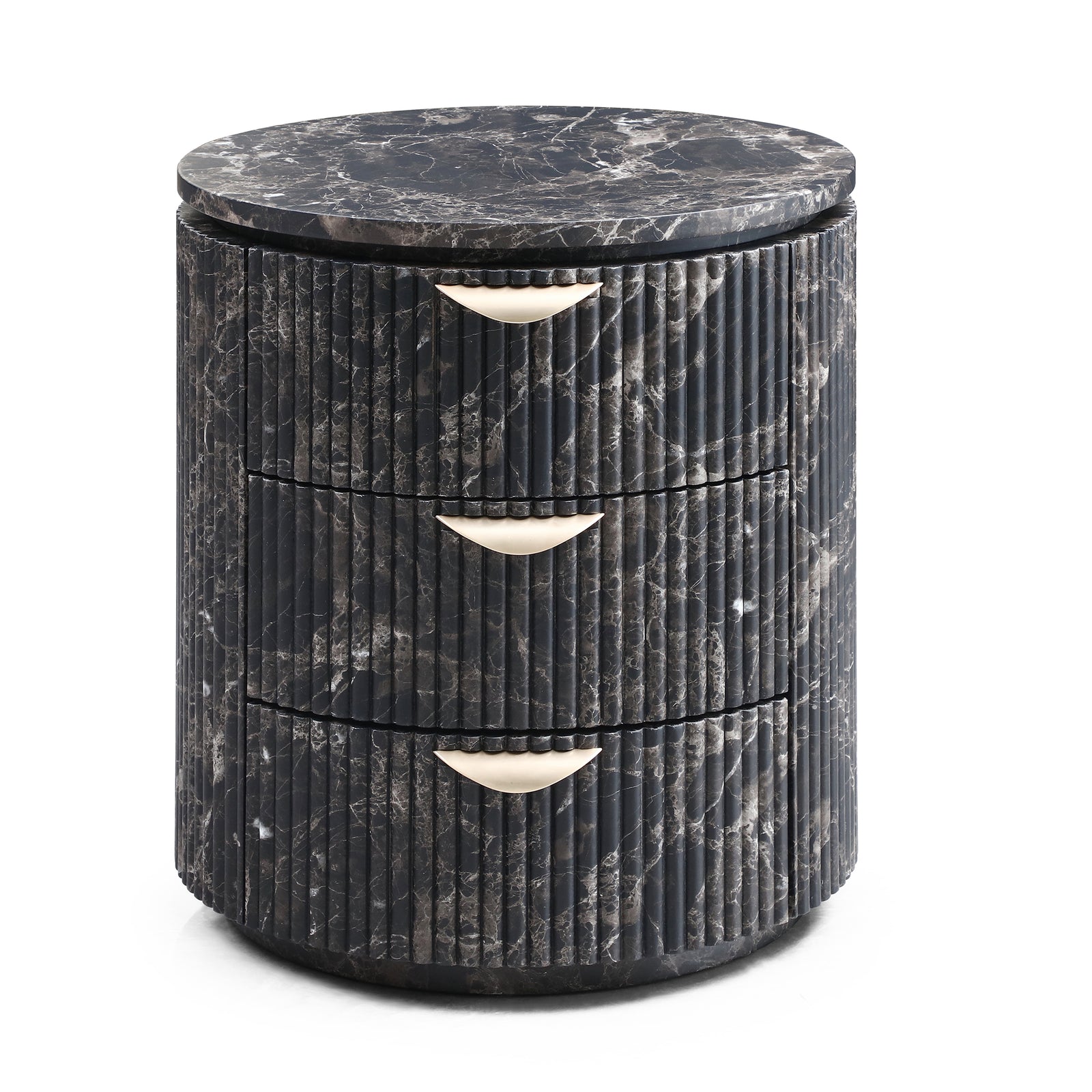 Fluted Cylinder Nightstand — Black Marble, 3 Drawer