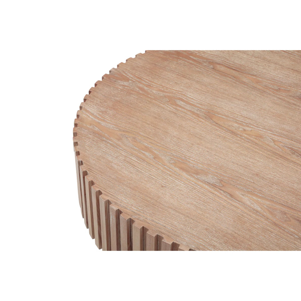 35.4" Round Coffee Table, Modern Wood Fluted Drum Coffee Table, Handcrafted Circle Design, Easy Assembly, Oak For Living Room