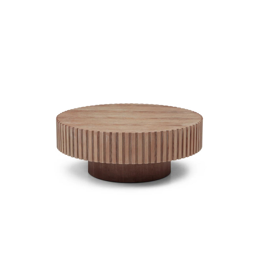 35.4" Round Coffee Table, Modern Wood Fluted Drum Coffee Table, Handcrafted Circle Design, Easy Assembly, Oak For Living Room
