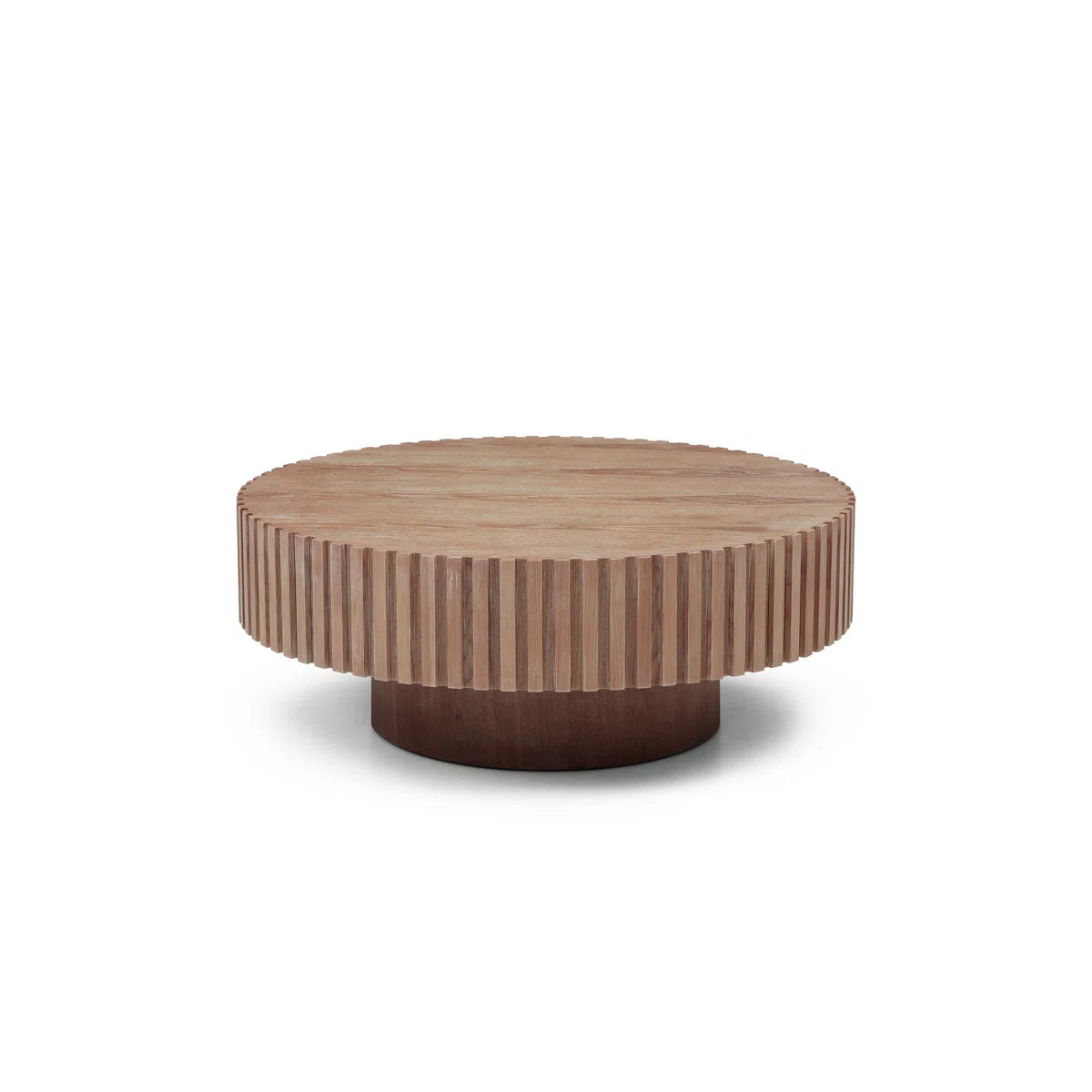 35.4" Round Coffee Table, Modern Wood Fluted Drum Coffee Table, Handcrafted Circle Design, Easy Assembly, Oak For Living Room