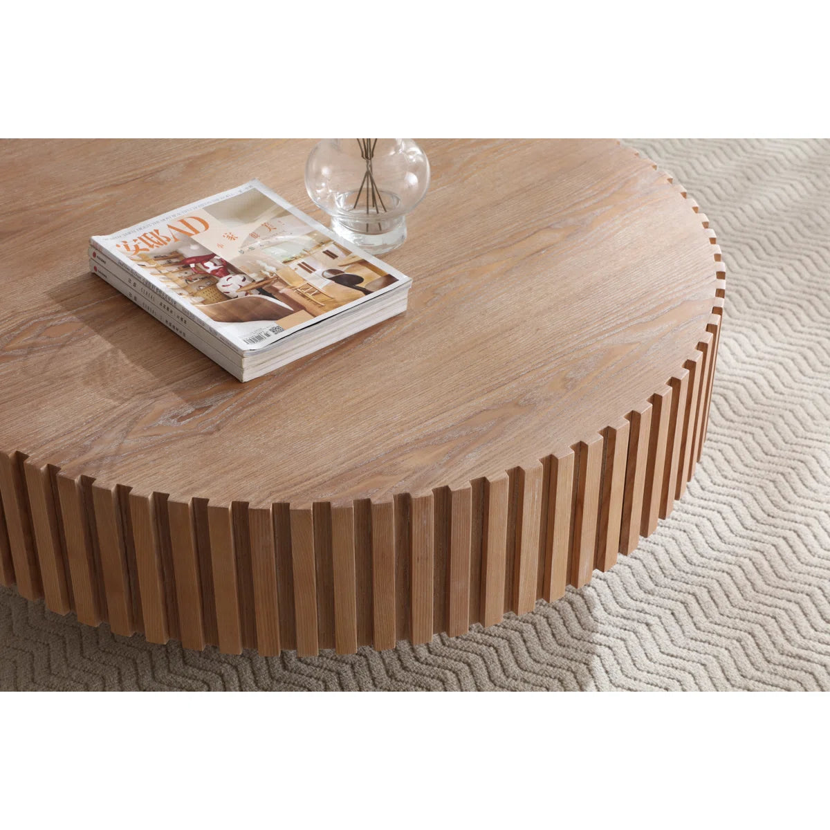 35.4" Round Coffee Table, Modern Wood Fluted Drum Coffee Table, Handcrafted Circle Design, Easy Assembly, Oak For Living Room