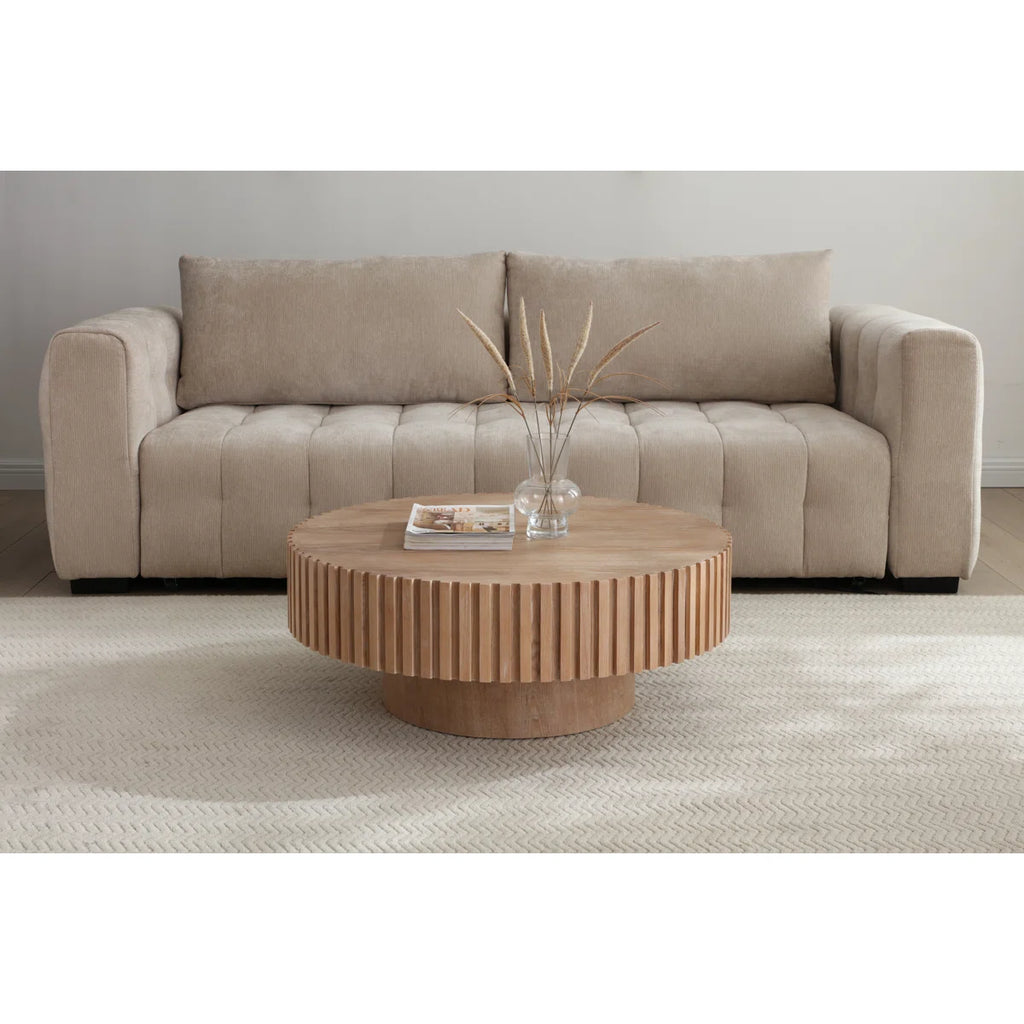 35.4" Round Coffee Table, Modern Wood Fluted Drum Coffee Table, Handcrafted Circle Design, Easy Assembly, Oak For Living Room