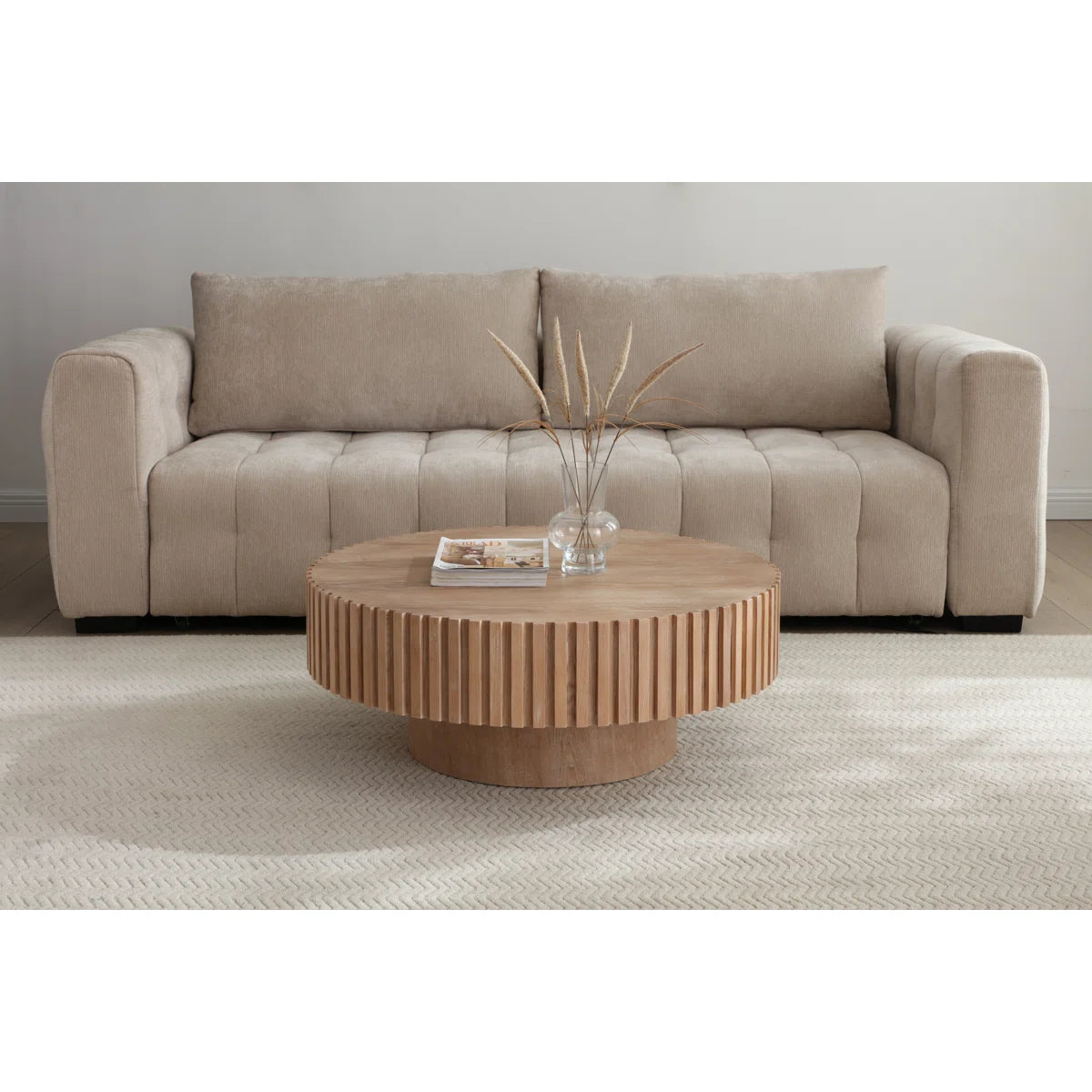35.4" Round Coffee Table, Modern Wood Fluted Drum Coffee Table, Handcrafted Circle Design, Easy Assembly, Oak For Living Room