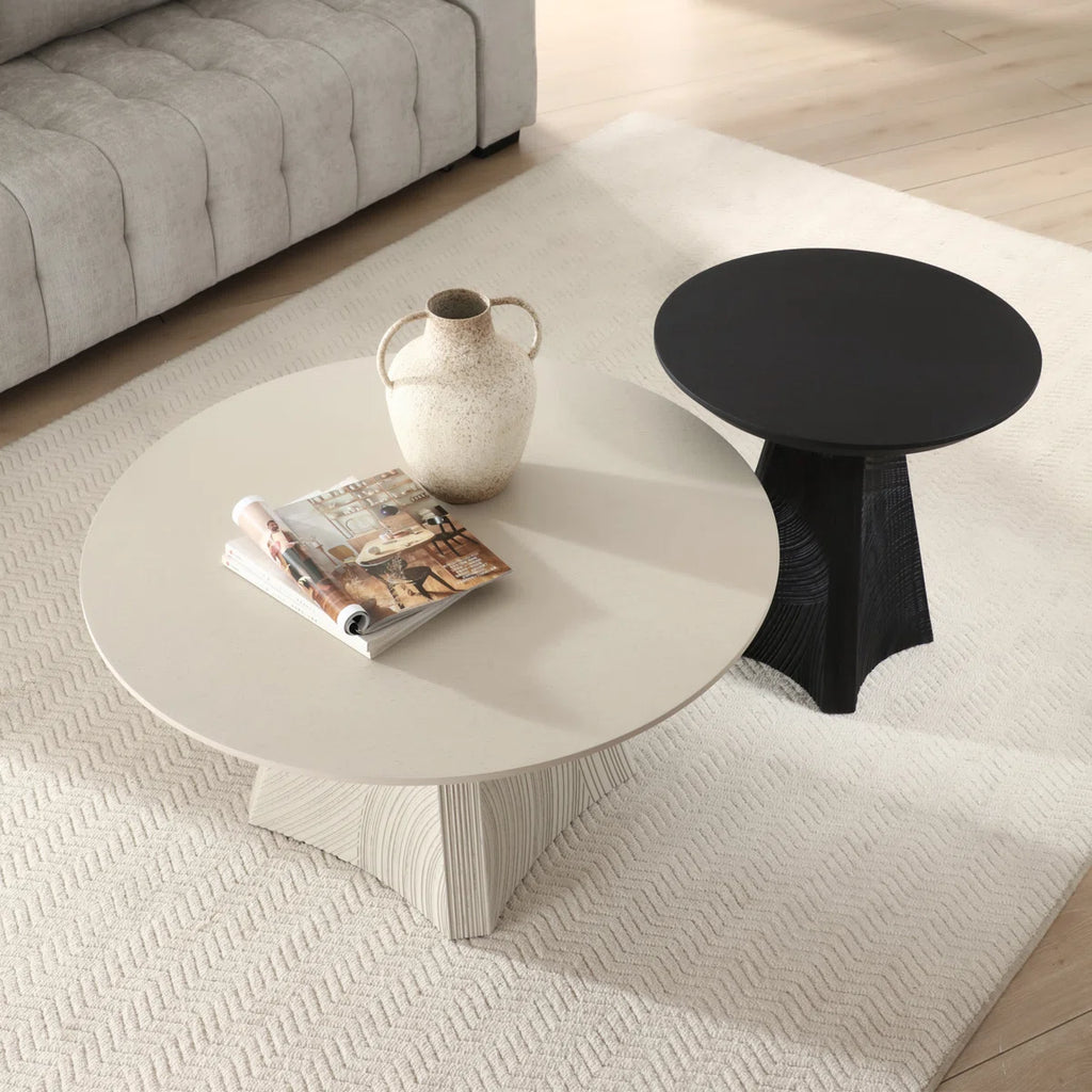 35.4" Round White Oak Coffee Table With Carved Triangular Legs