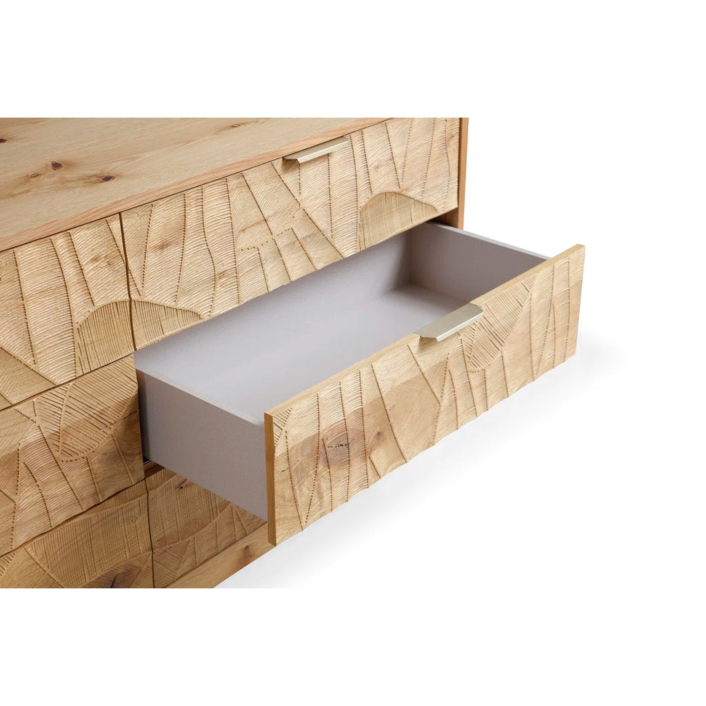 66" Wide Rustic Solid Wood 6-Drawer Double Dresser With Hand-Carved Doors & Stainless Steel Handles