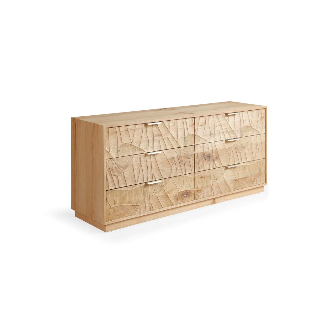 66" Wide Rustic Solid Wood 6-Drawer Double Dresser With Hand-Carved Doors & Stainless Steel Handles