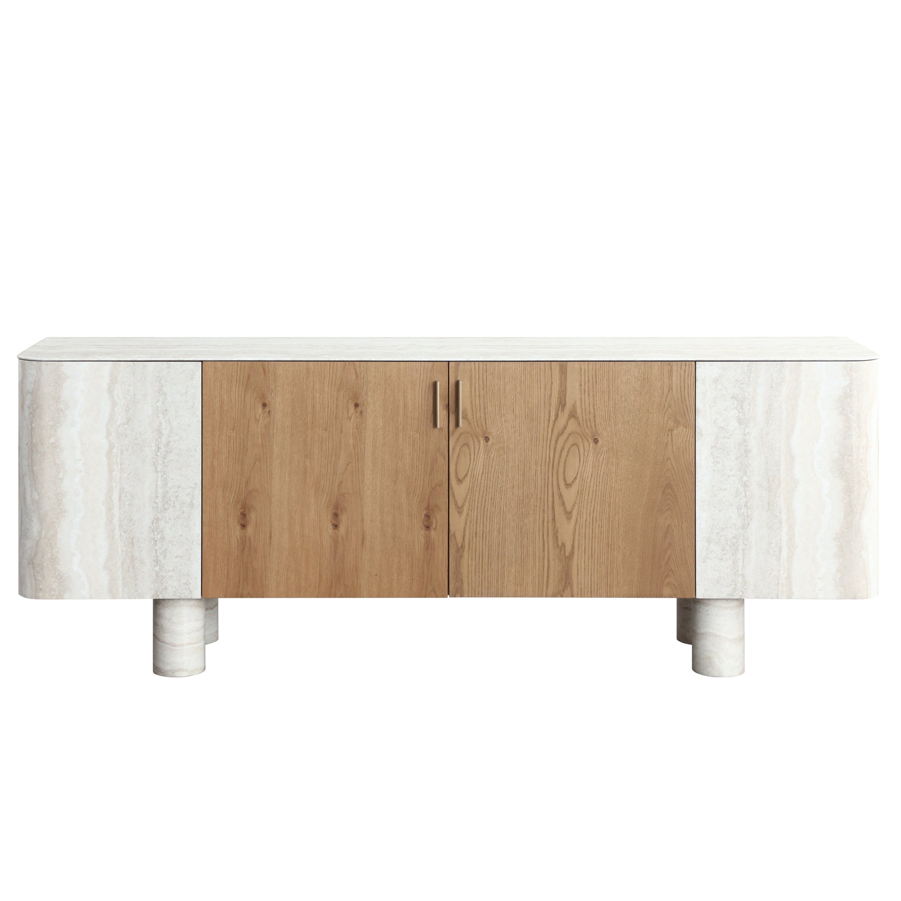 Oak Veneer & Faux Marble Sideboard Buffet — Cylindrical Legs, 78.7"
