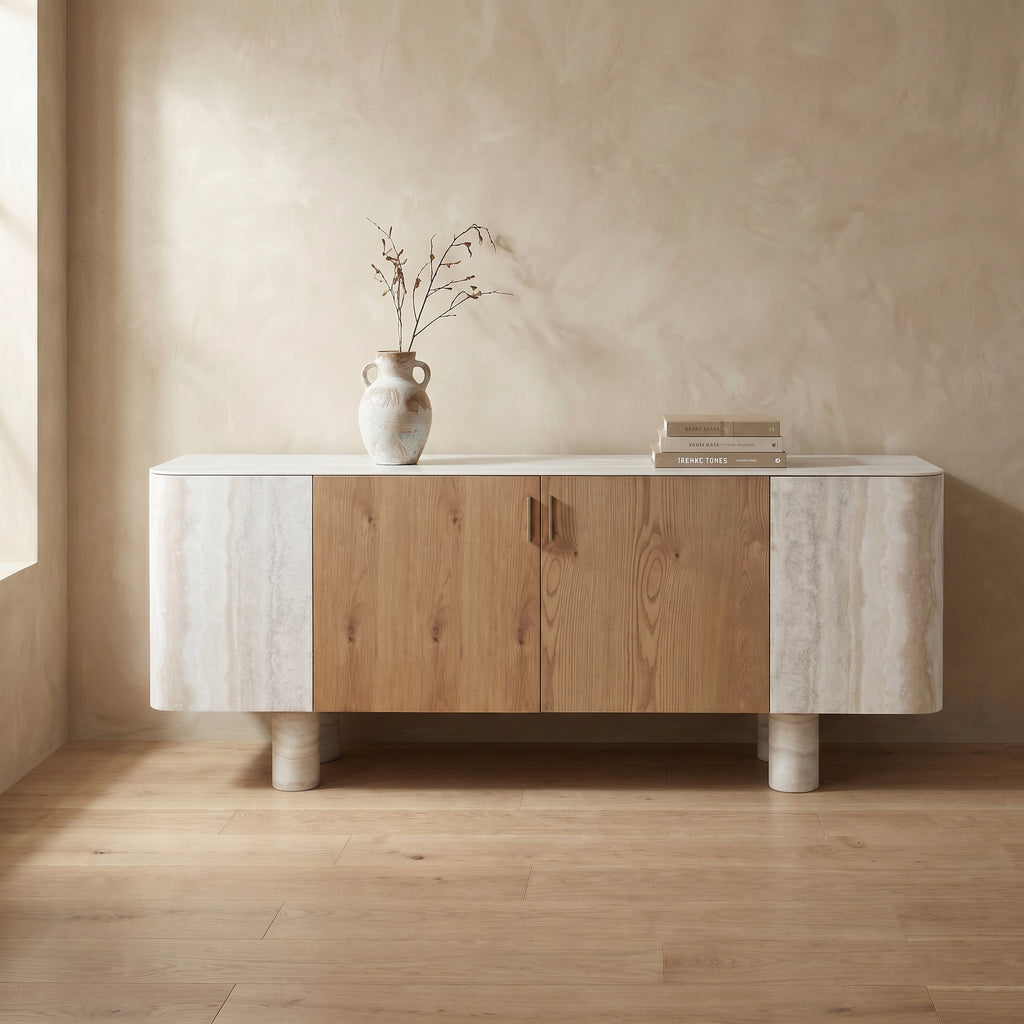 Oak Veneer & Faux Marble Sideboard Buffet — Cylindrical Legs, 78.7"