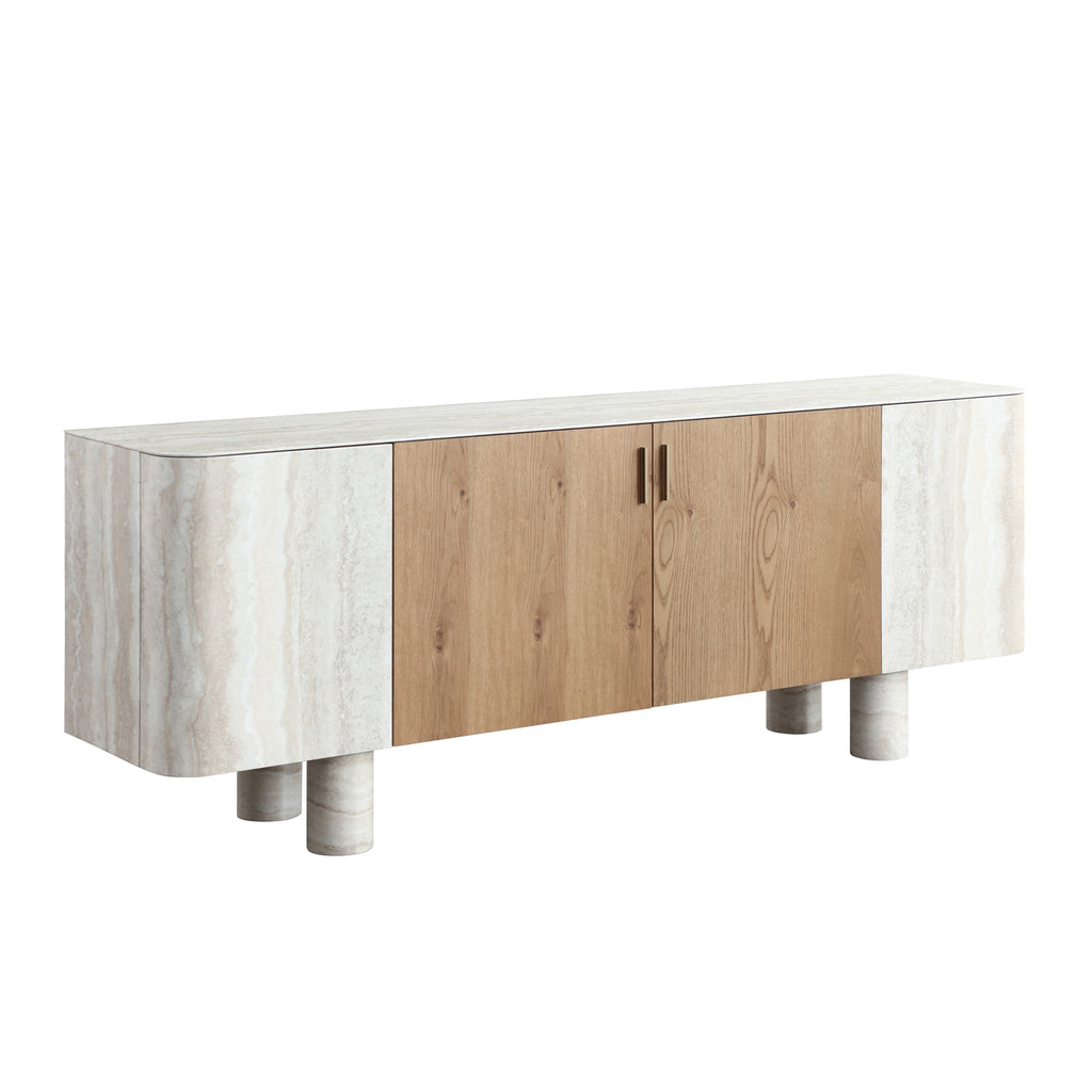 Oak Veneer & Faux Marble Sideboard Buffet — Cylindrical Legs, 78.7"