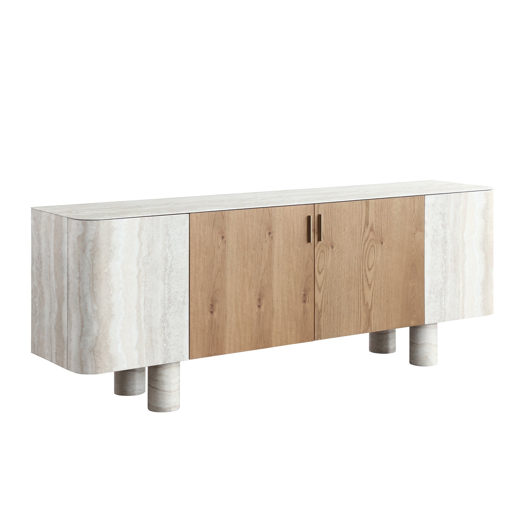 Oak Veneer & Faux Marble Sideboard Buffet — Cylindrical Legs, 78.7"