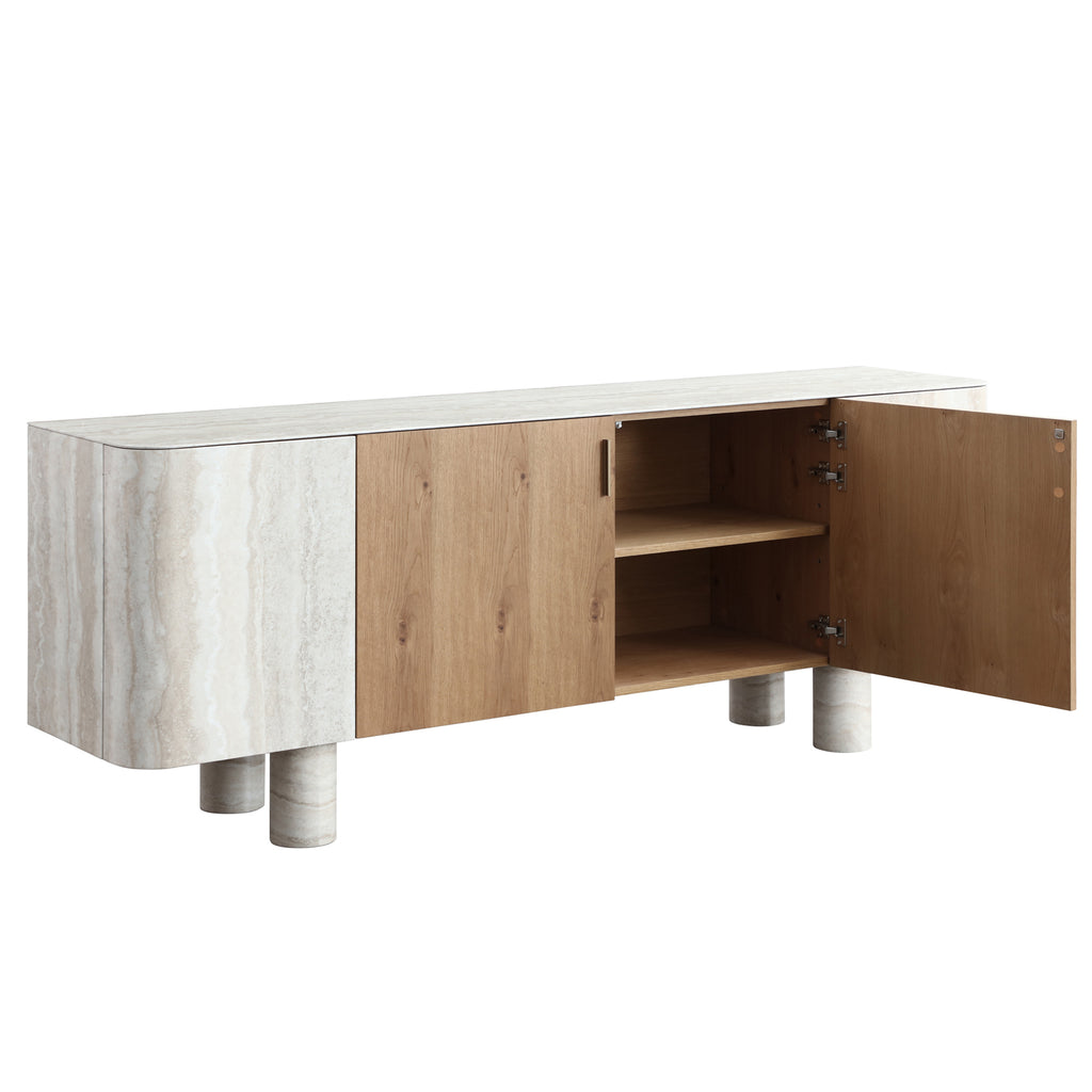 Oak Veneer & Faux Marble Sideboard Buffet — Cylindrical Legs, 78.7"