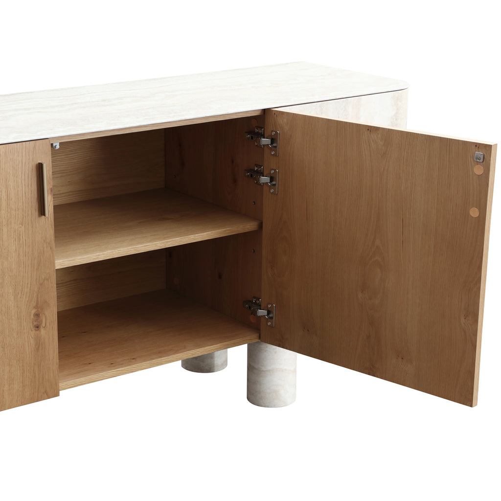Oak Veneer & Faux Marble Sideboard Buffet — Cylindrical Legs, 78.7"