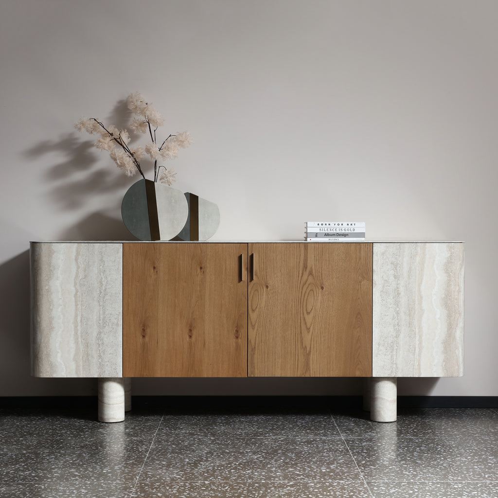 Oak Veneer & Faux Marble Sideboard Buffet — Cylindrical Legs, 78.7"