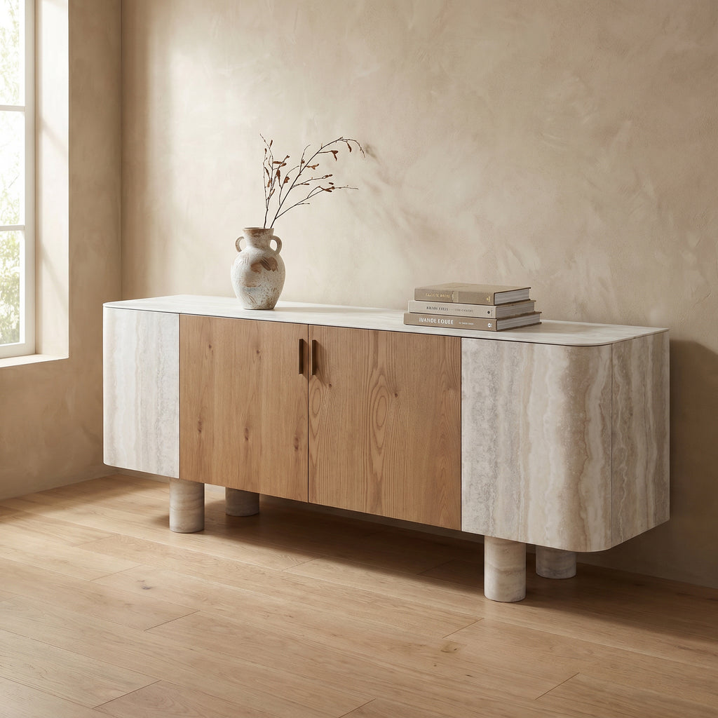 Oak Veneer & Faux Marble Sideboard Buffet — Cylindrical Legs, 78.7"