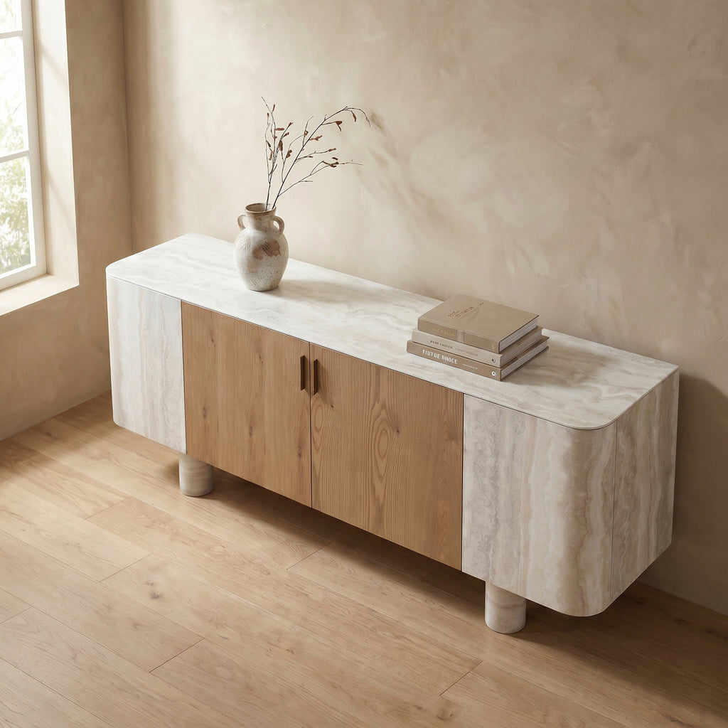 Oak Veneer & Faux Marble Sideboard Buffet — Cylindrical Legs, 78.7"