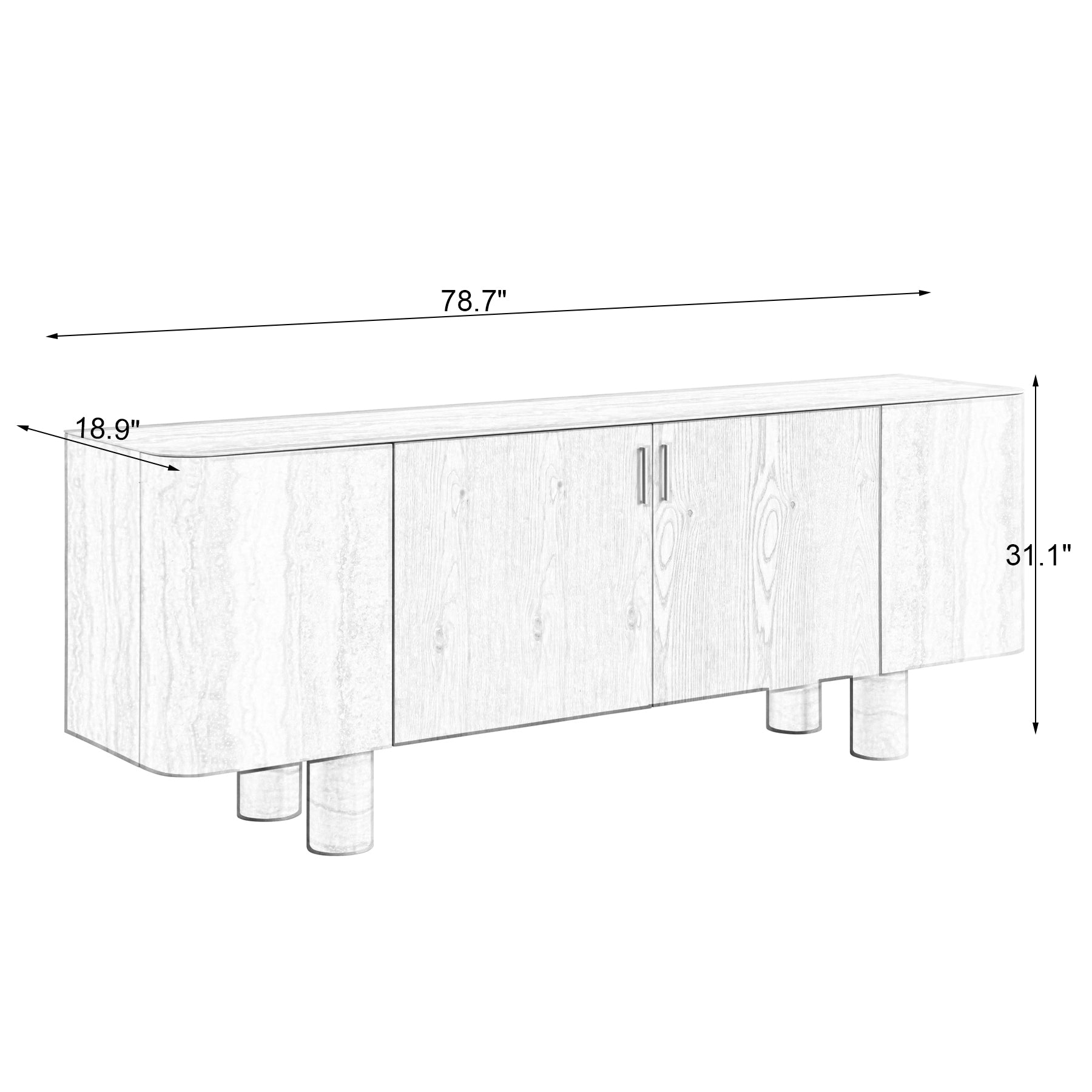 Oak Veneer & Faux Marble Sideboard Buffet — Cylindrical Legs, 78.7"
