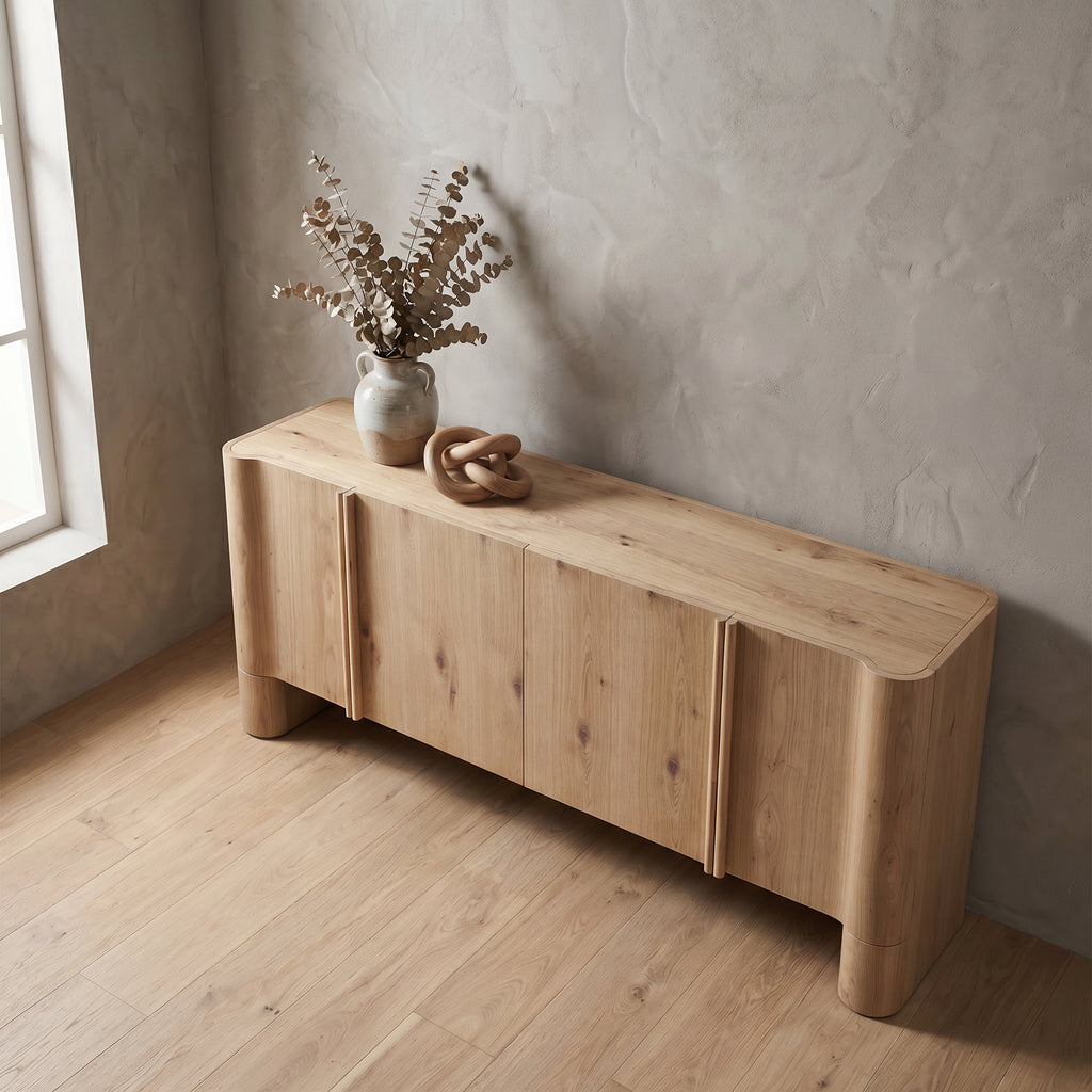 Oak Veneer Sideboard Buffet — Rounded Profile, 78"