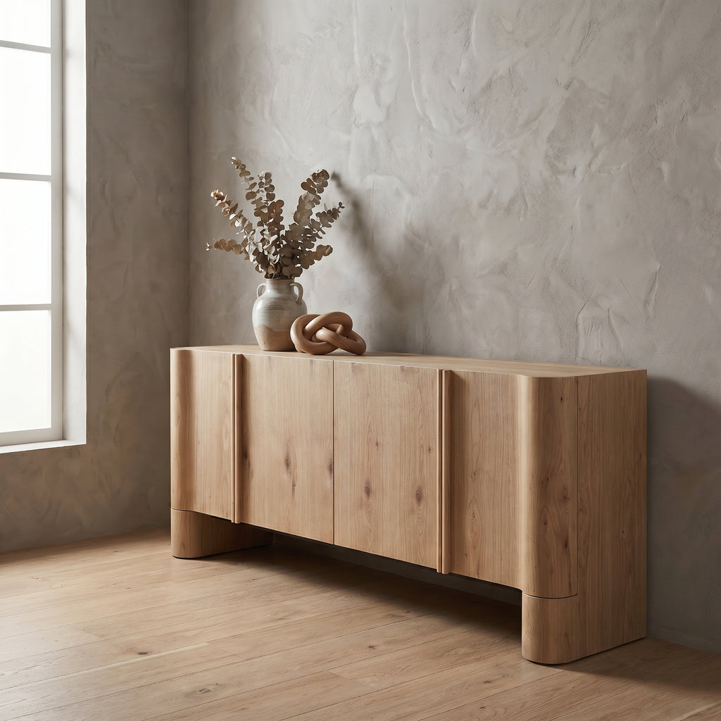 Oak Veneer Sideboard Buffet — Rounded Profile, 78"
