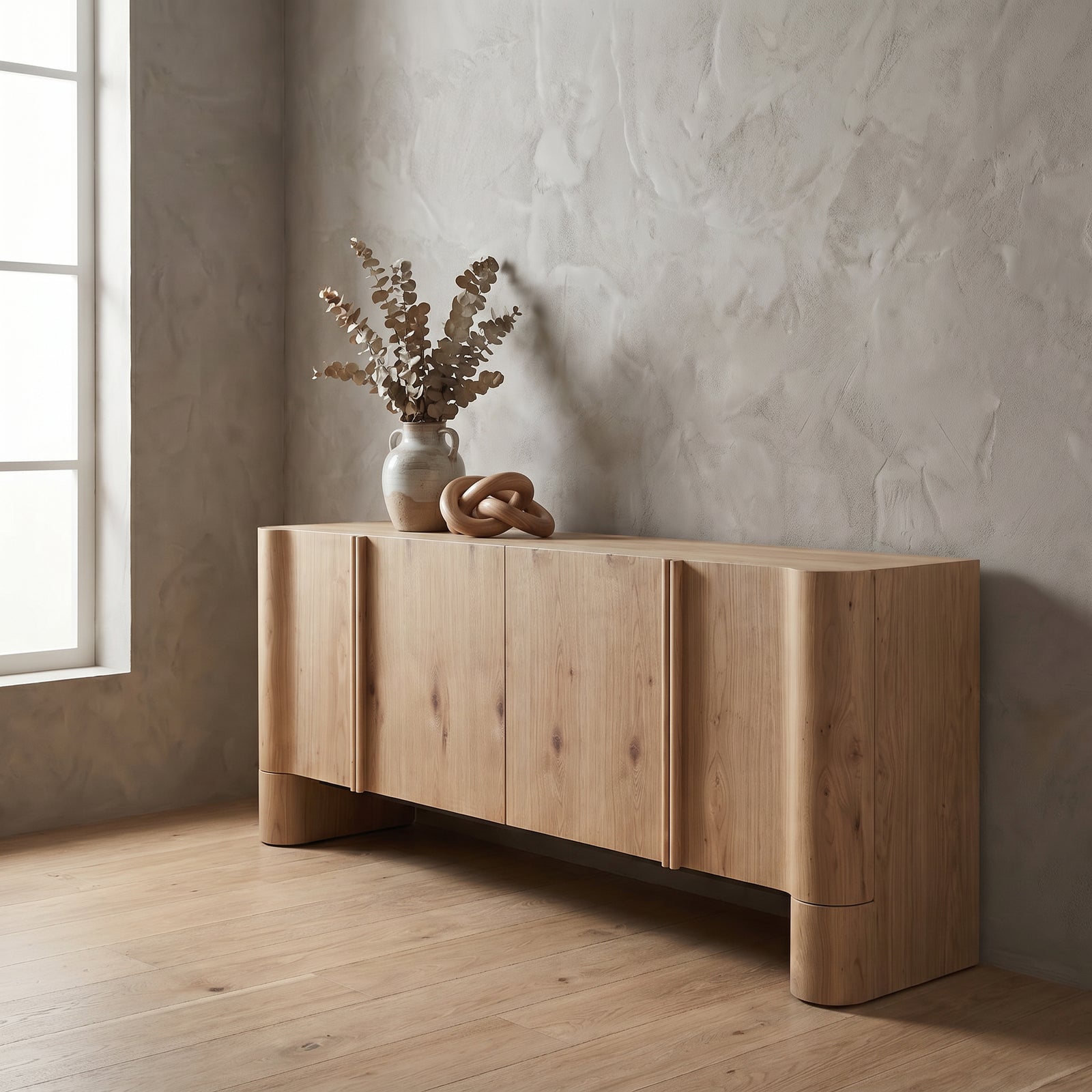 Oak Veneer Sideboard Buffet — Rounded Profile, 78"