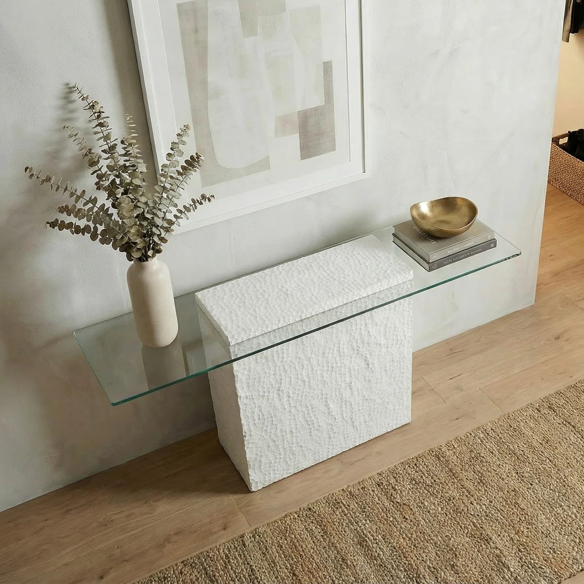 Heaton Modern Glass Top Console Table With Sculpted White Pedestal Base – Contemporary Accent Table For Living Room, Entryway, Or Office