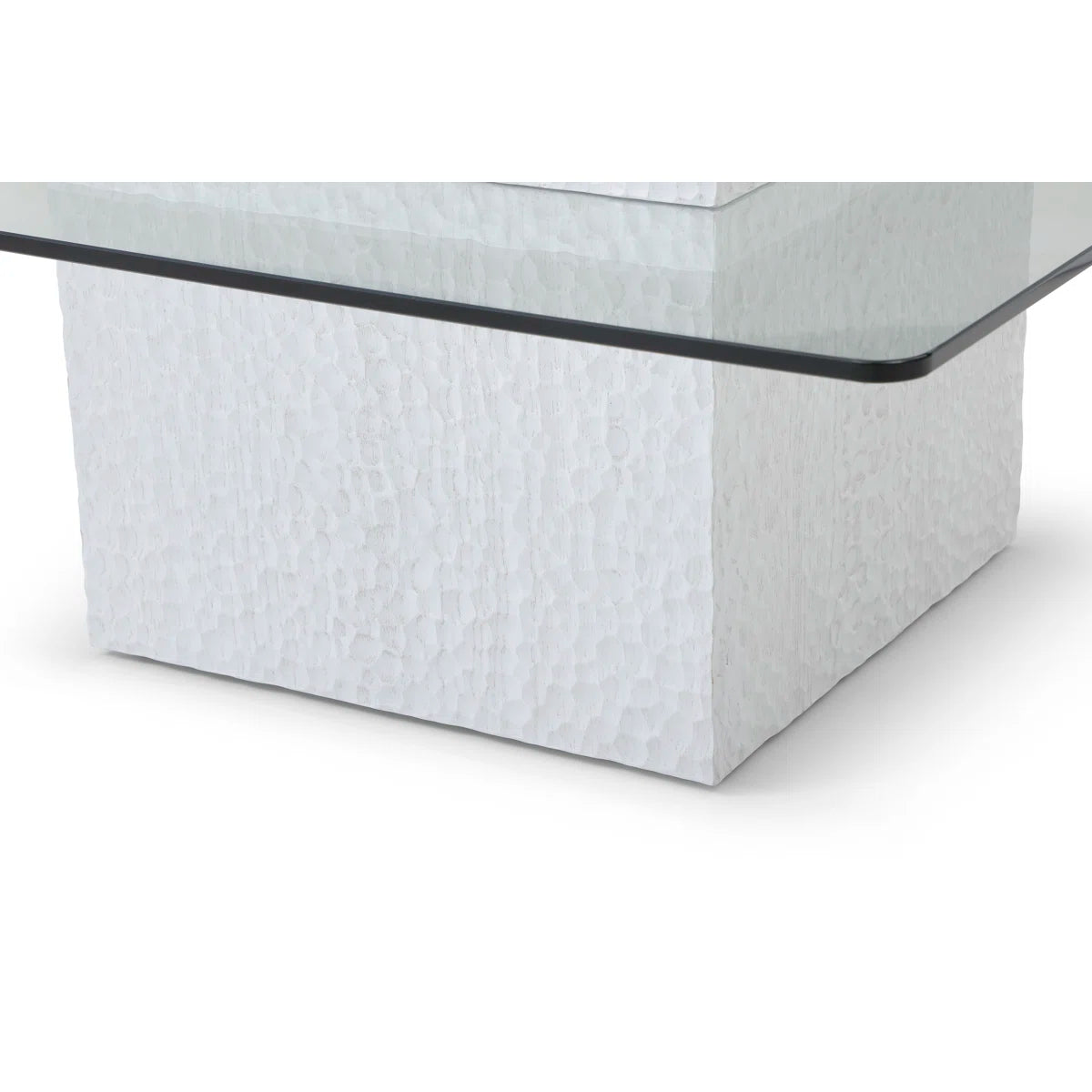Heaton Modern White Textured Cube Coffee Table With Tempered Glass Top, Square Accent Table For Living Room, Contemporary Center Table, Sturdy & Easy To Clean
