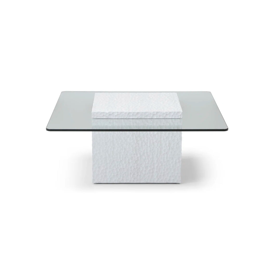 Heaton Modern White Textured Cube Coffee Table With Tempered Glass Top, Square Accent Table For Living Room, Contemporary Center Table, Sturdy & Easy To Clean