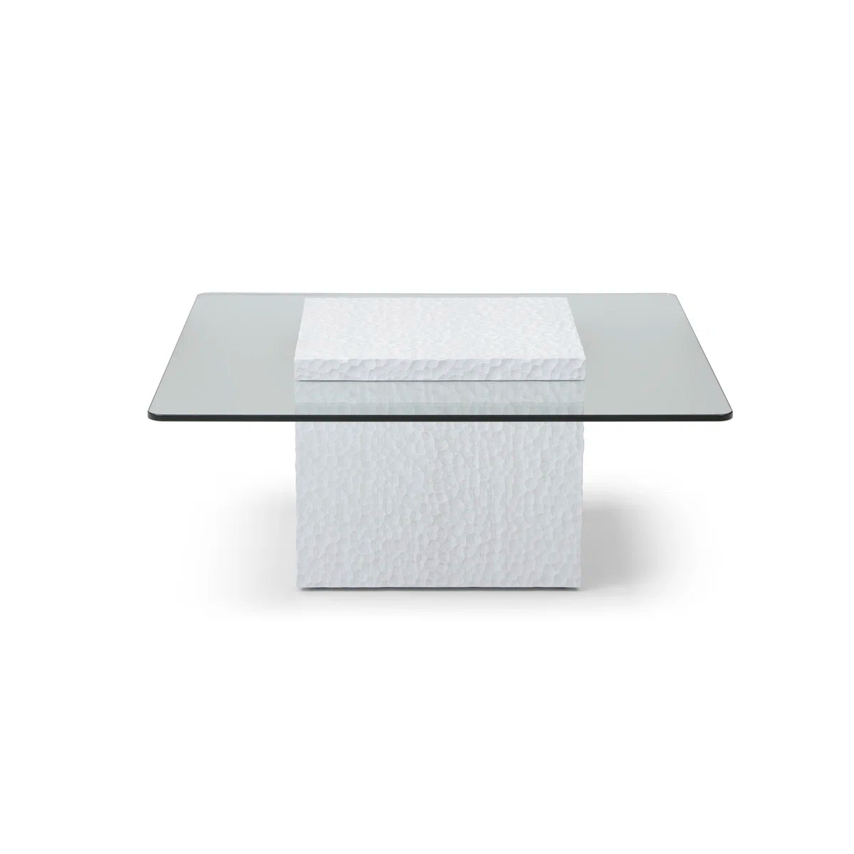 Heaton Modern White Textured Cube Coffee Table With Tempered Glass Top, Square Accent Table For Living Room, Contemporary Center Table, Sturdy & Easy To Clean