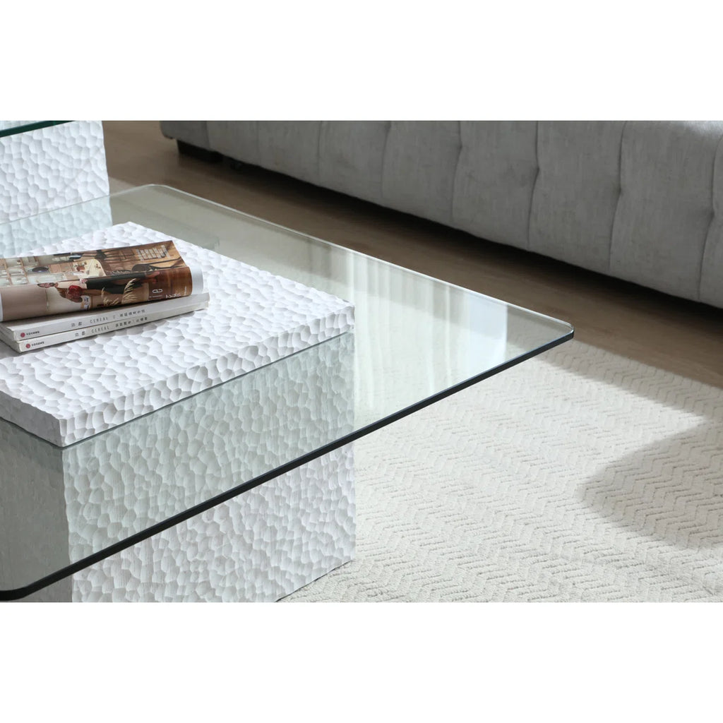 Heaton Modern White Textured Cube Coffee Table With Tempered Glass Top, Square Accent Table For Living Room, Contemporary Center Table, Sturdy & Easy To Clean
