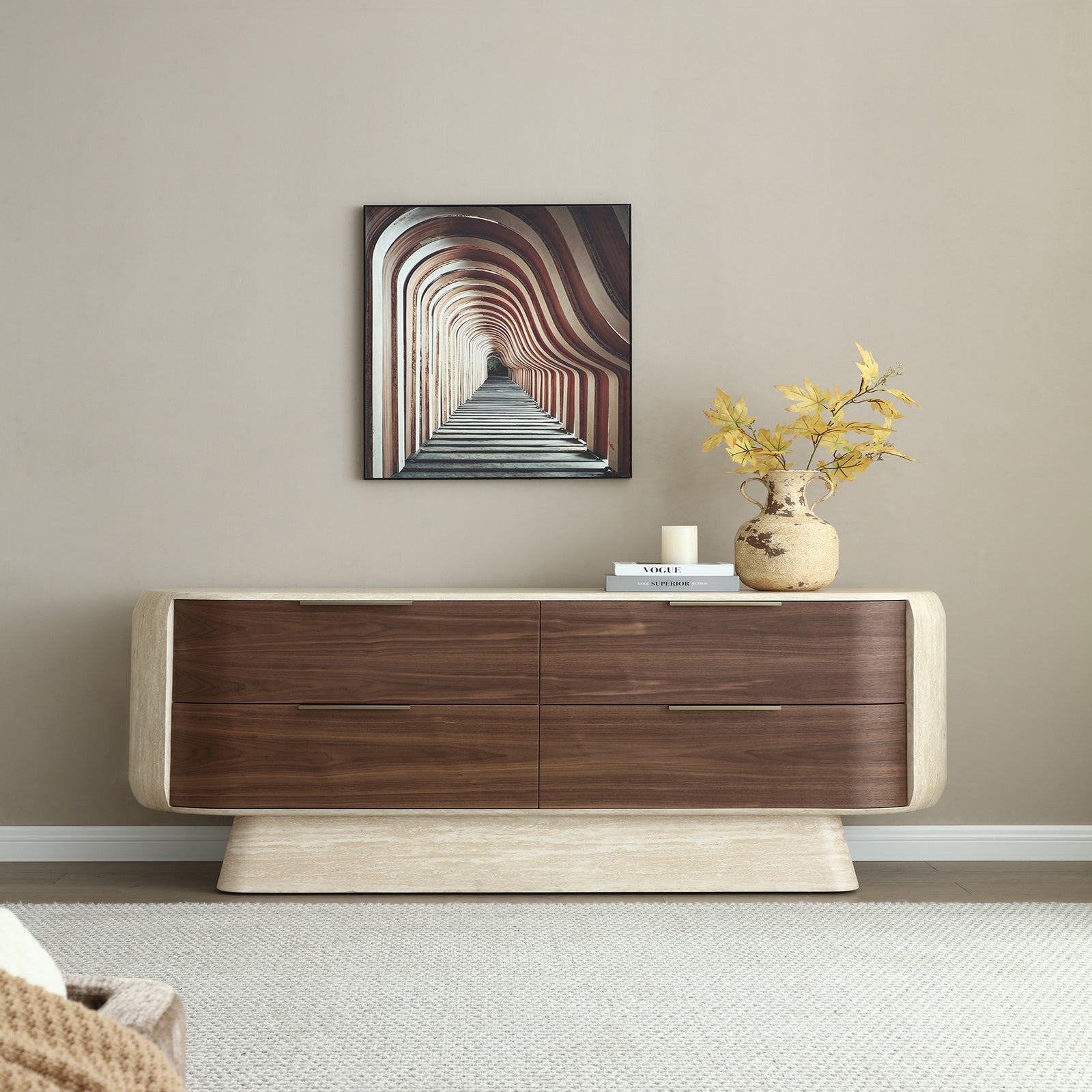 Solmira Curved Walnut & Faux Marble Dresser