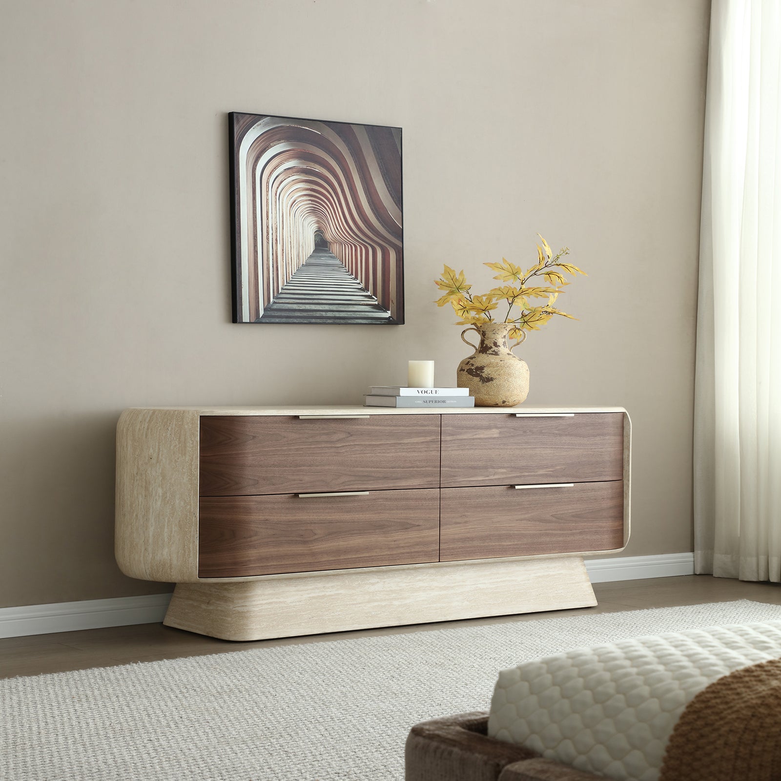 Solmira Curved Walnut & Faux Marble Dresser