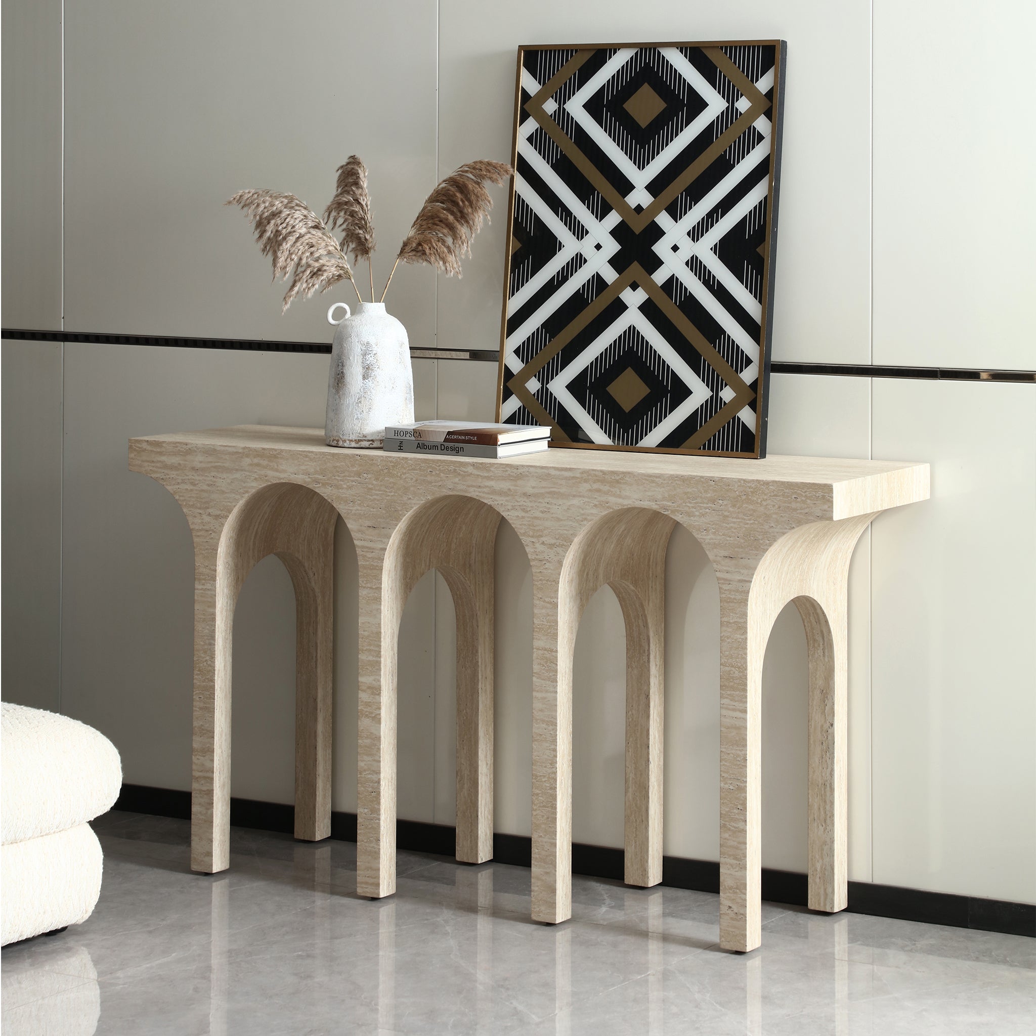 Modern Travertine-Look Architectural Arch Console Table