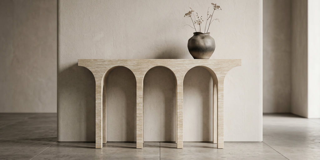 Modern Travertine-Look Architectural Arch Console Table