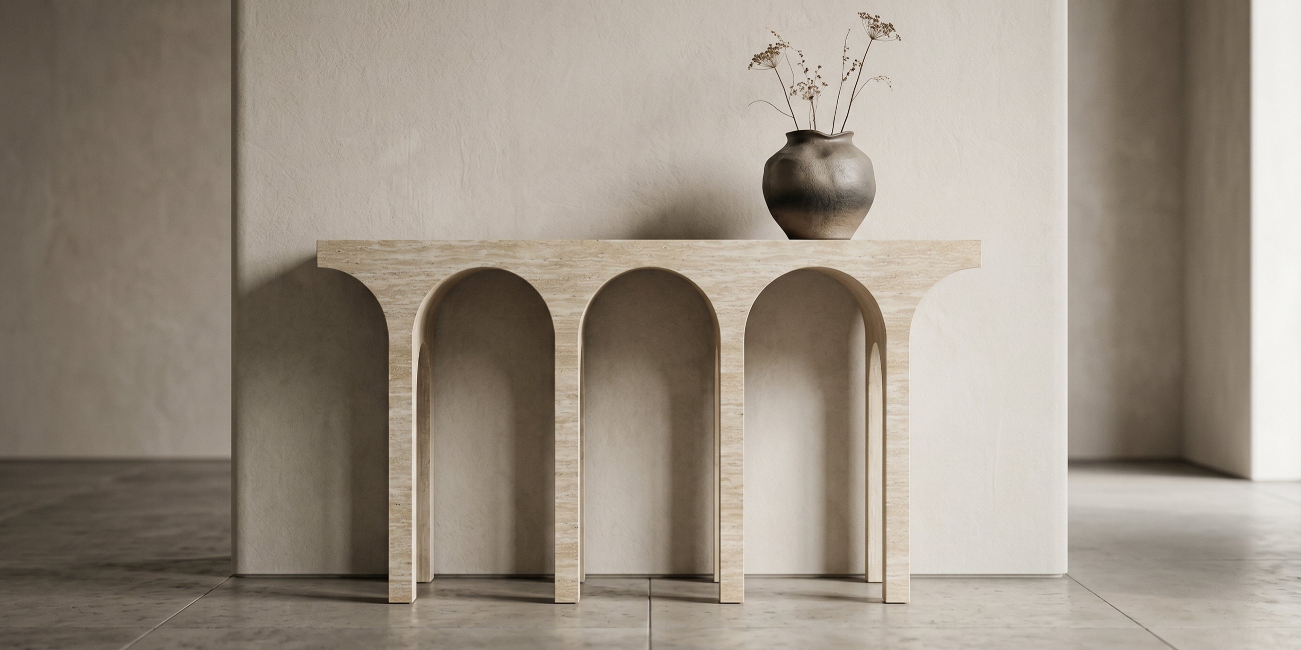 Modern Travertine-Look Architectural Arch Console Table