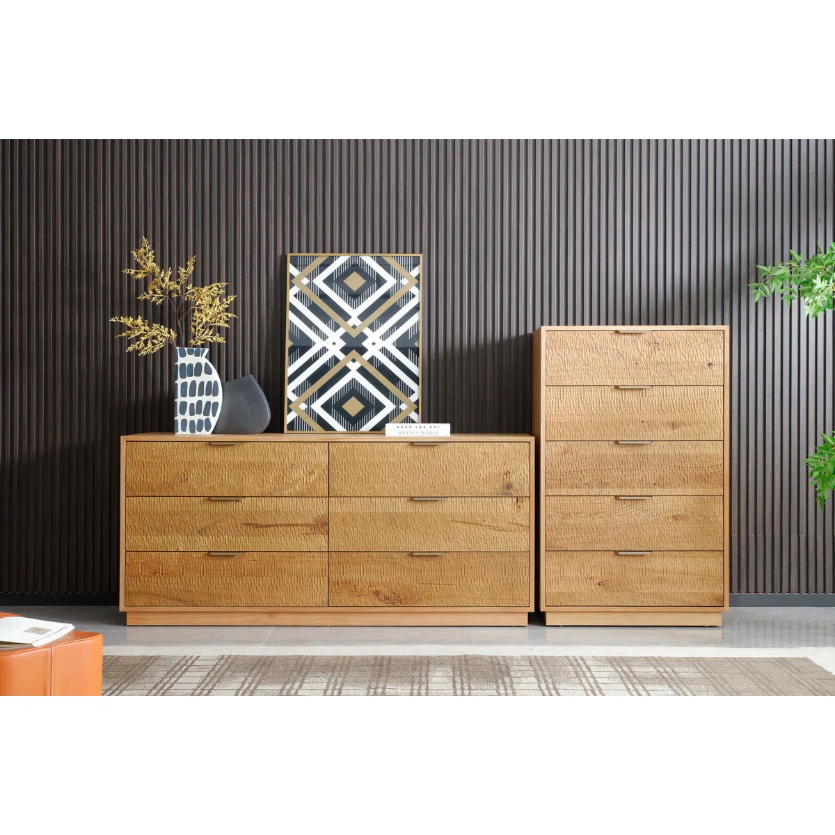 Large Rustic Solid Wood 6-Drawer Dresser With Hand-Carved Doors & Stainless Steel Handles