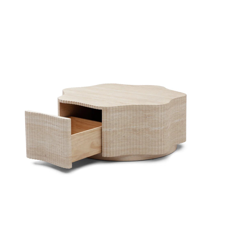 Modern Petal Flower Shape Coffee Table With Hidden Drawer, Faux Marble Beige Stone Top& Fluted Textured Sides, Beige Stone-look Center Table For Living Room