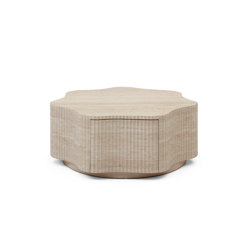 Modern Petal Flower Shape Coffee Table With Hidden Drawer, Faux Marble Beige Stone Top& Fluted Textured Sides, Beige Stone-look Center Table For Living Room