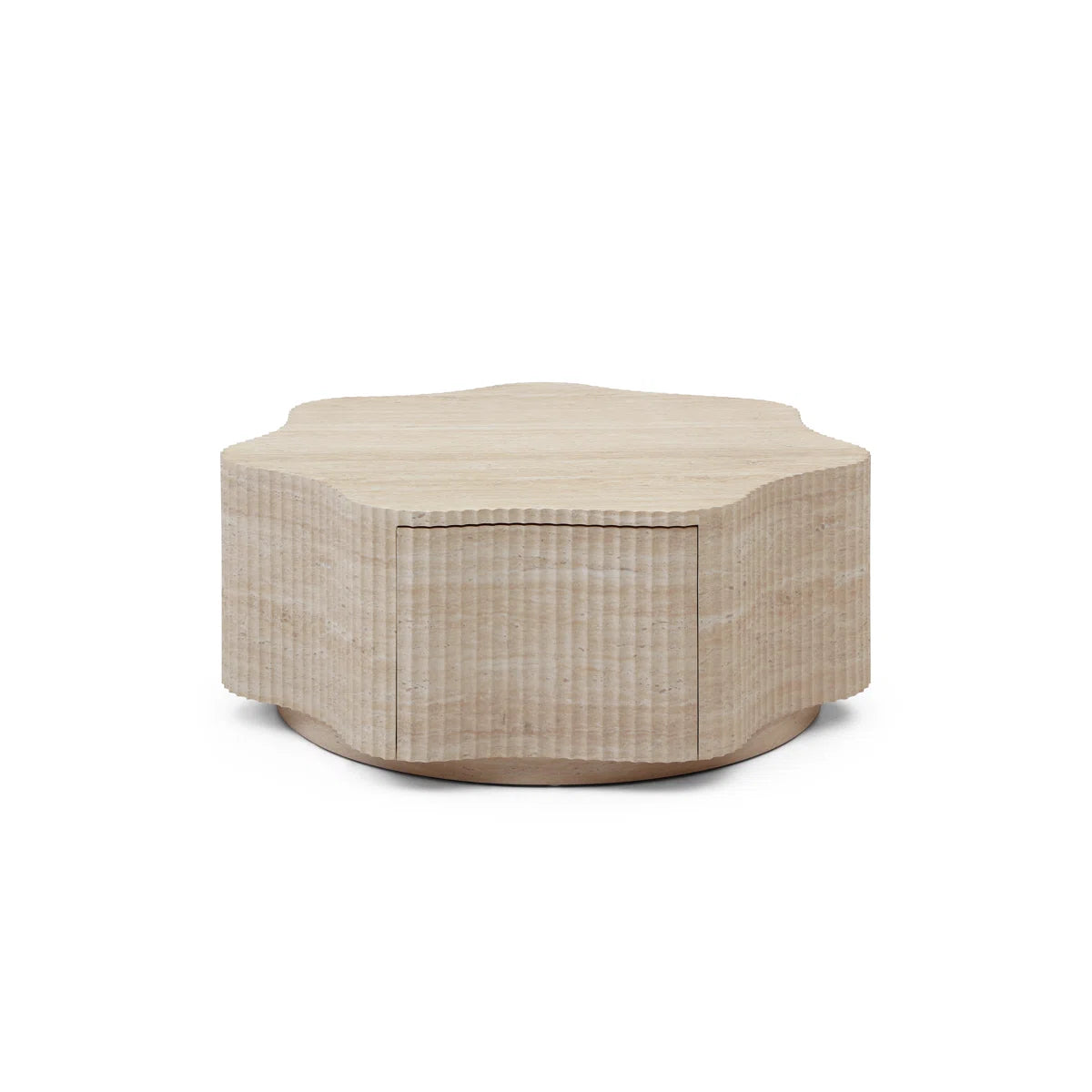 Modern Petal Flower Shape Coffee Table With Hidden Drawer, Faux Marble Beige Stone Top& Fluted Textured Sides, Beige Stone-look Center Table For Living Room