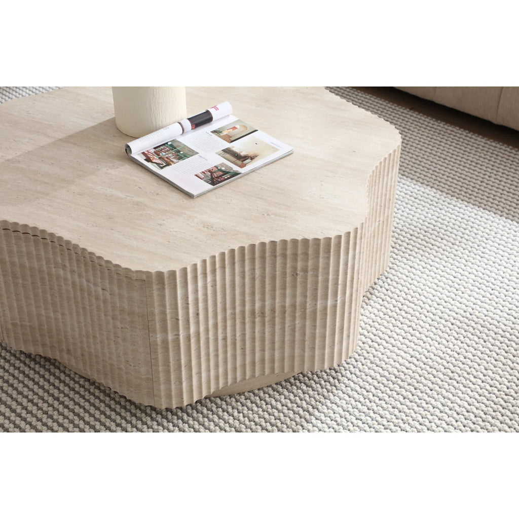 Modern Petal Flower Shape Coffee Table With Hidden Drawer, Faux Marble Beige Stone Top& Fluted Textured Sides, Beige Stone-look Center Table For Living Room