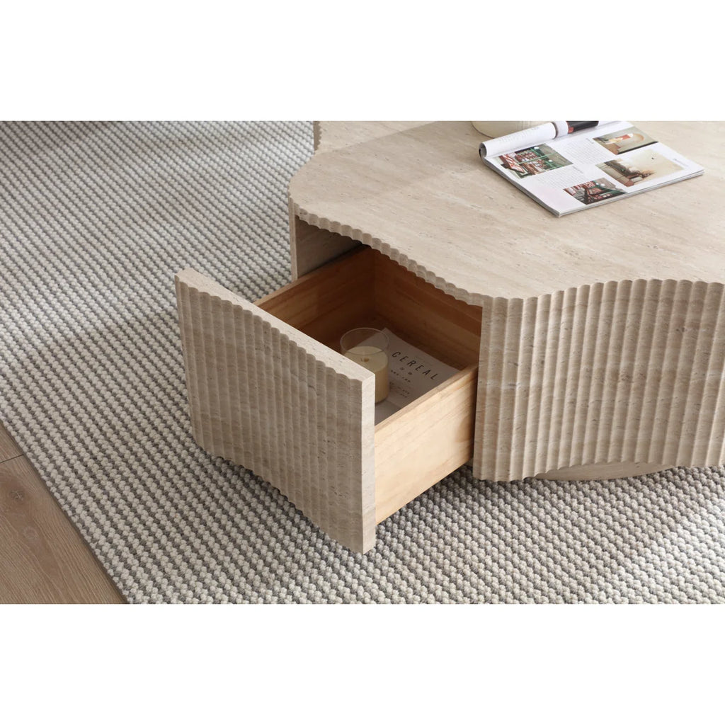 Modern Petal Flower Shape Coffee Table With Hidden Drawer, Faux Marble Beige Stone Top& Fluted Textured Sides, Beige Stone-look Center Table For Living Room
