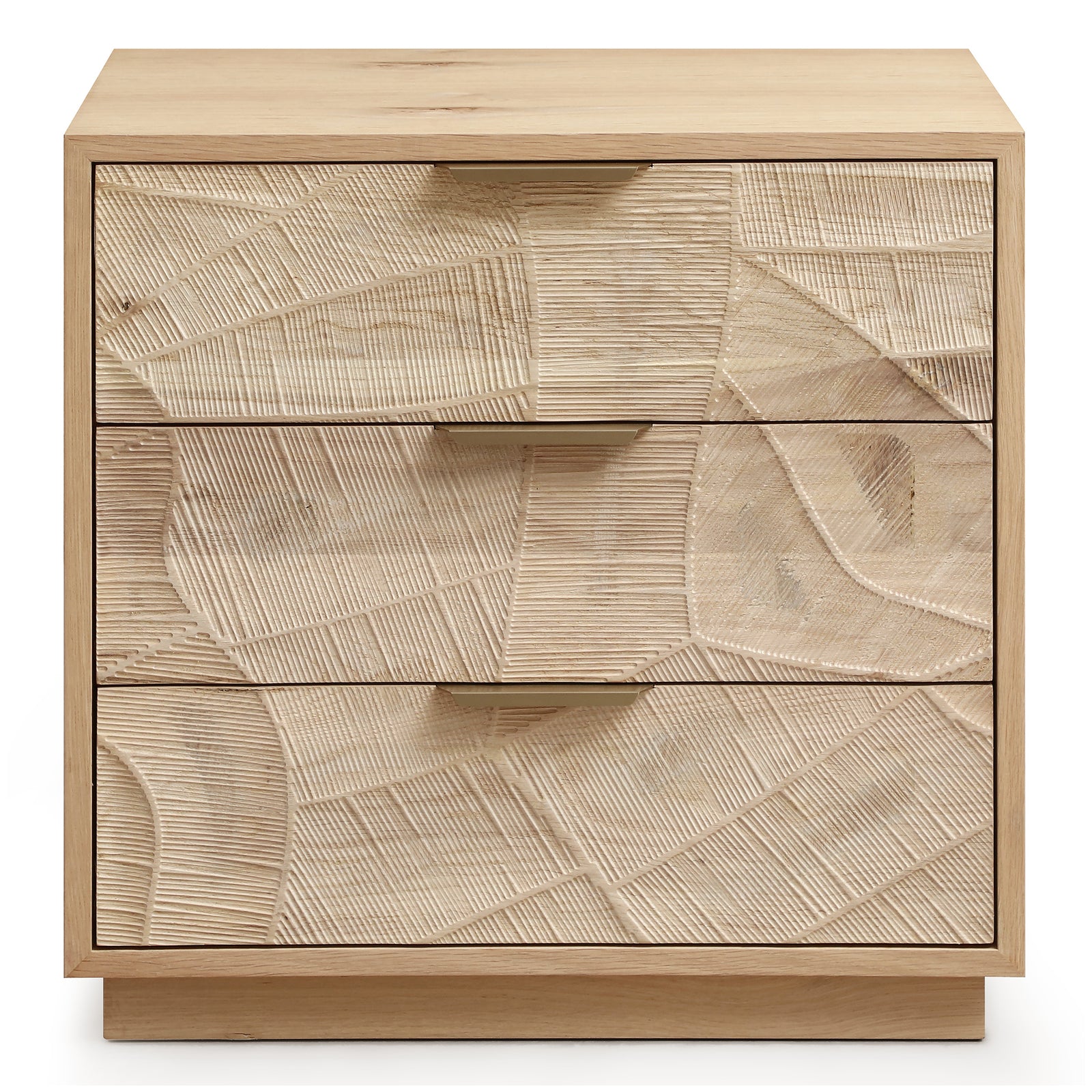 Rustic Solid Wood 3-Drawer Nightstand With Hand-Carved Door & Stainless Steel Handles