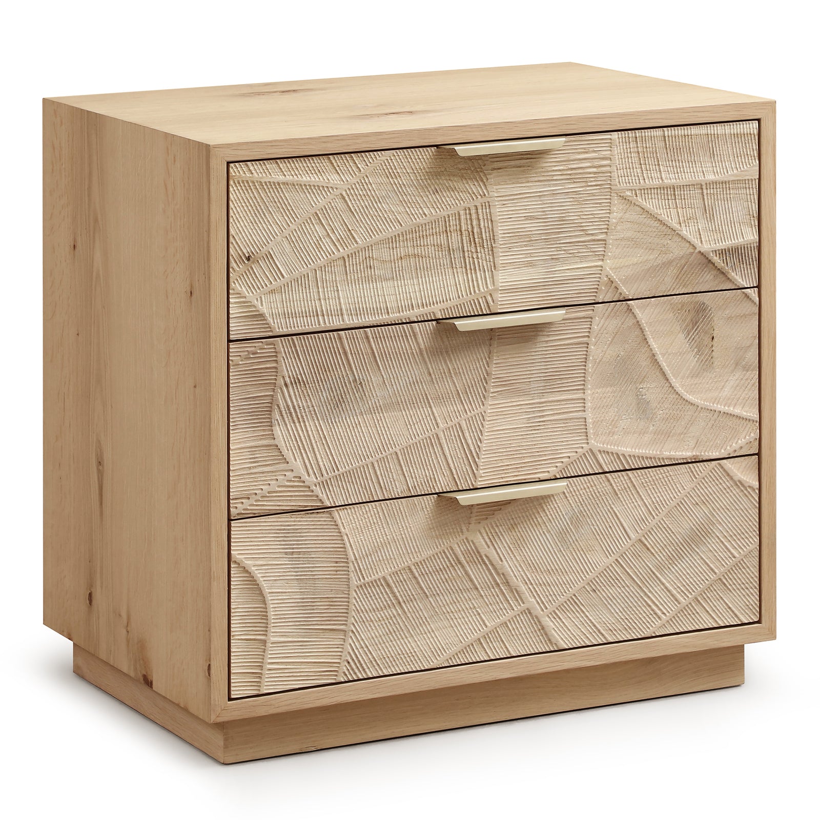 Rustic Solid Wood 3-Drawer Nightstand With Hand-Carved Door & Stainless Steel Handles