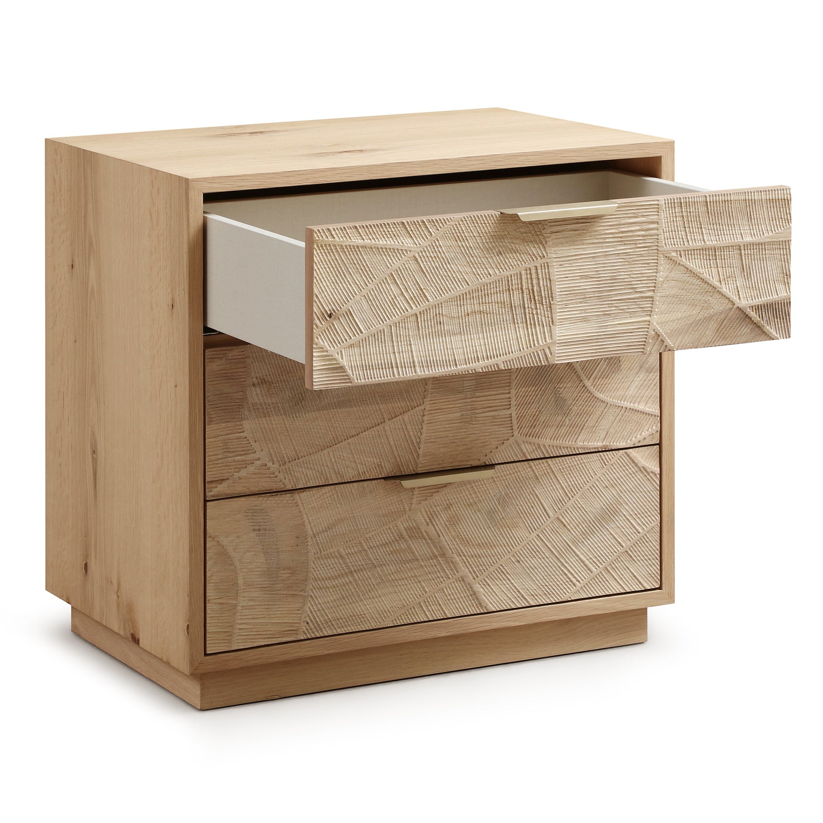 Rustic Solid Wood 3-Drawer Nightstand With Hand-Carved Door & Stainless Steel Handles