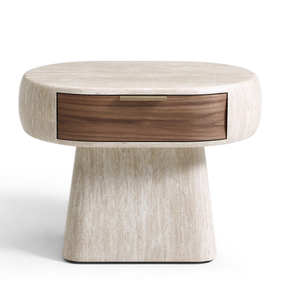 Modern Travertine-Look Pedestal Nightstand with Walnut Drawer